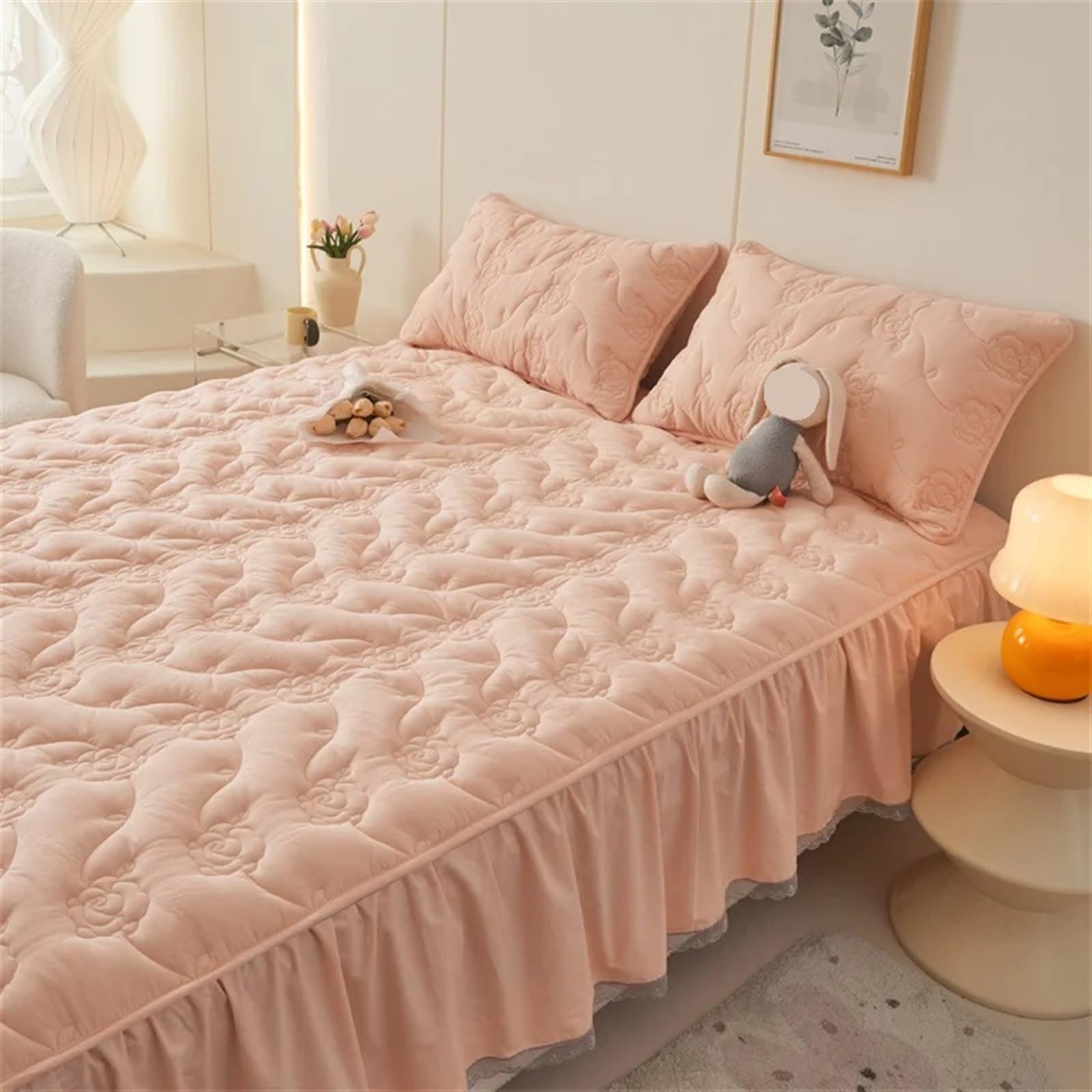 Gonna letto con balza Copriletto Lenzuola matrimoniali in cotone Gonna letto Lenzuolo con angoli elasticizzati Copriletto Coprimaterasso(Color1,180x200cm)