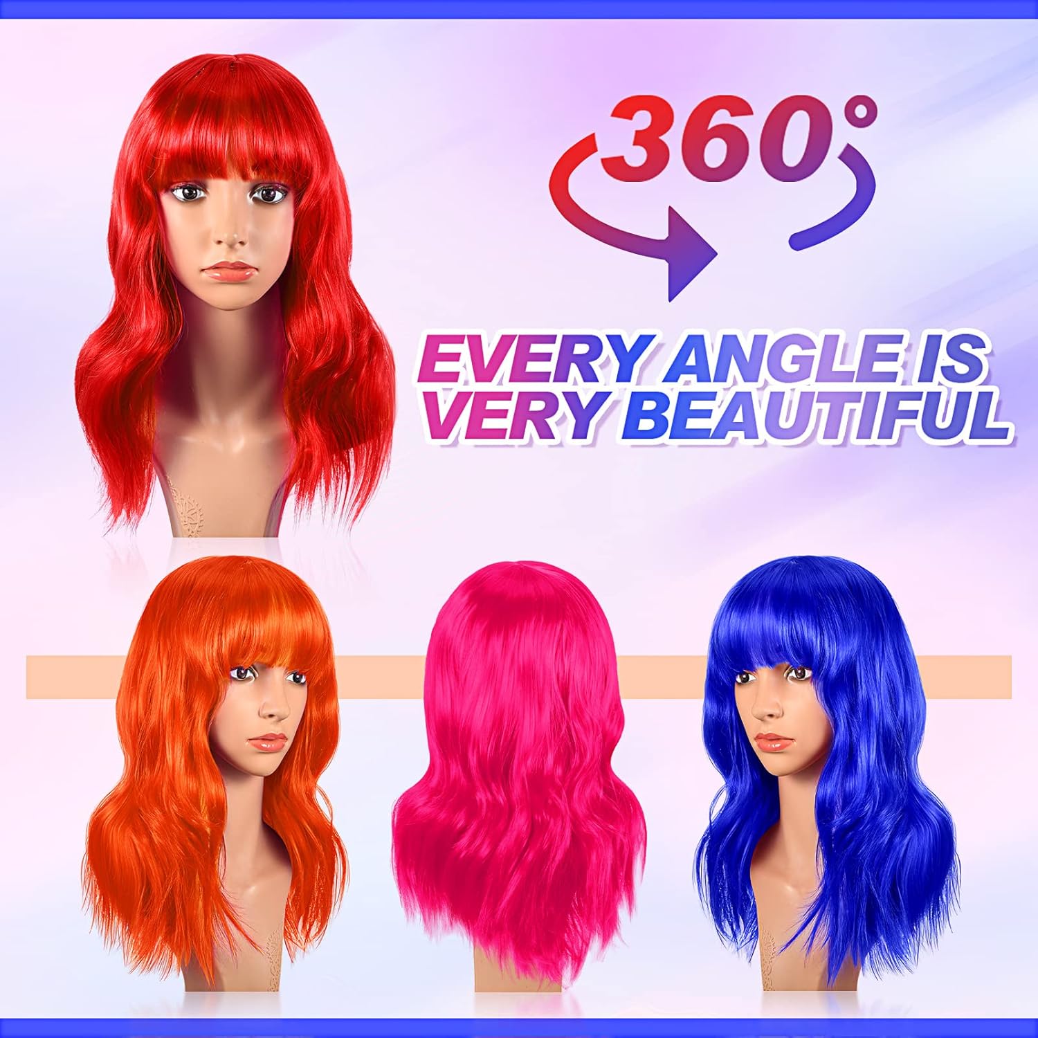 Crowye 8 Pcs 12" Colorful Party Wigs Shoulder Length Wigs for Women Wavy Bob with Air Bangs Curly Short Synthetic Colorful Costume for Cosplay Bachelorette Party(Rainbow Color)