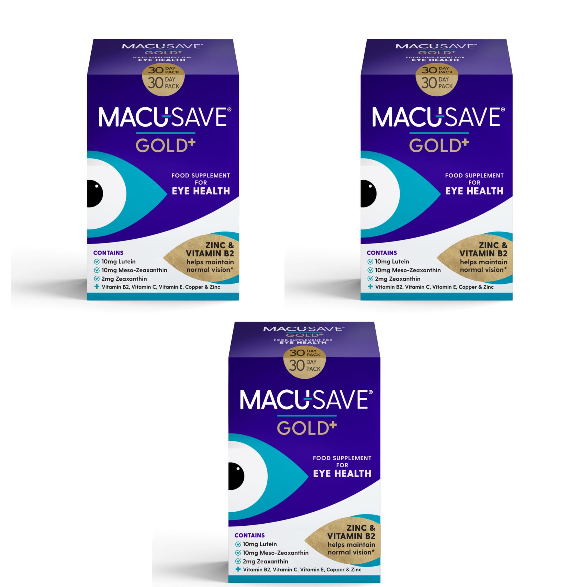 3 Pack Macu-SAVE Gold+ Food Supplement with Meso-Zeaxanthin/Lutein and Zeaxanthin Zinc & Vitamin B2 30 Day (3)