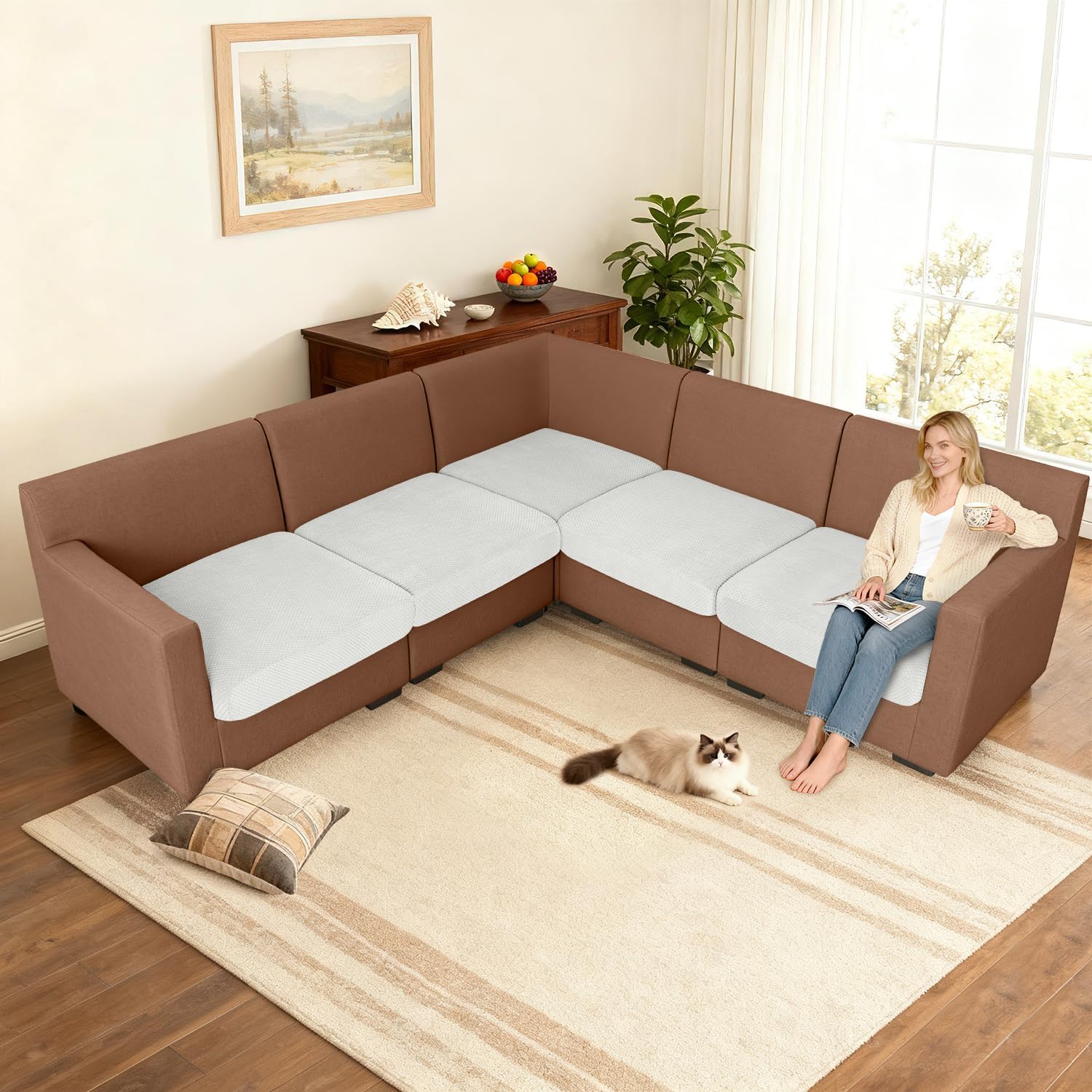 ALIECOM 防水セクショナルカウチクッションカバー L字型ストレッチ 5枚 マジックセクショナルソファカバー 洗濯可能 コーナー