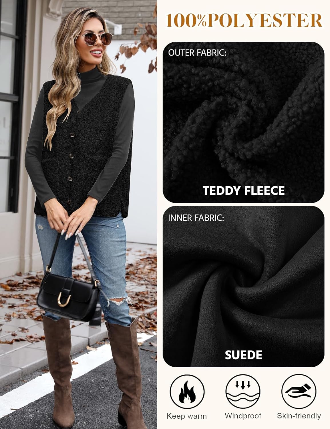 Women's Fleece Vests Button Warm Sleeveless Coat Vest Fall Fuzzy Lightweight Jackets Winter Soft Outerwear with Pockets - Image 4