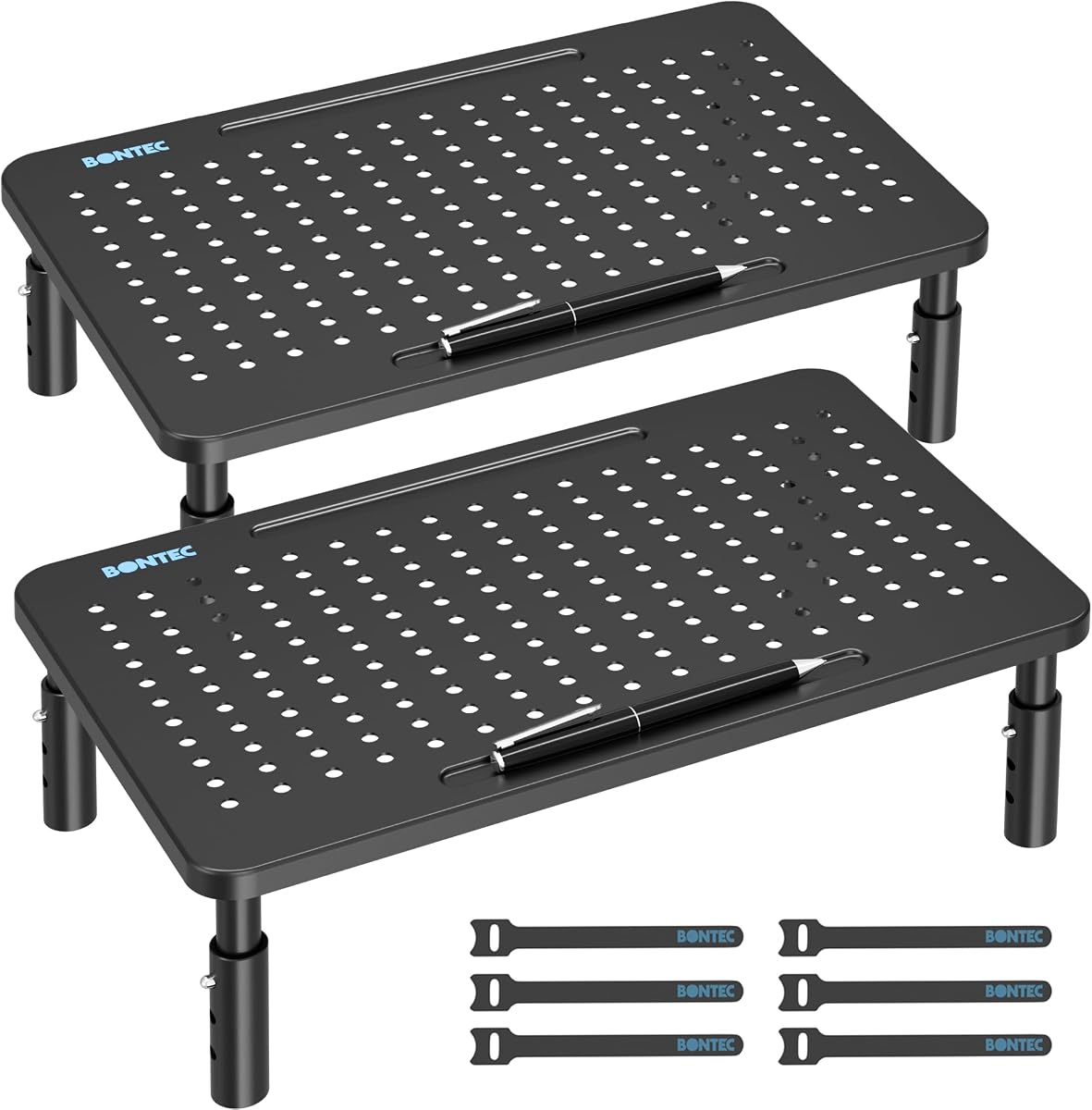Monitor Stand for Desk 2 Pack, Ergonomic Metal Monitor Riser | 3-Level Height Adjustable, 14.5 x 9.1 in Computer Stand with Pen Holder & Cable Management for Laptop and Office Workstation