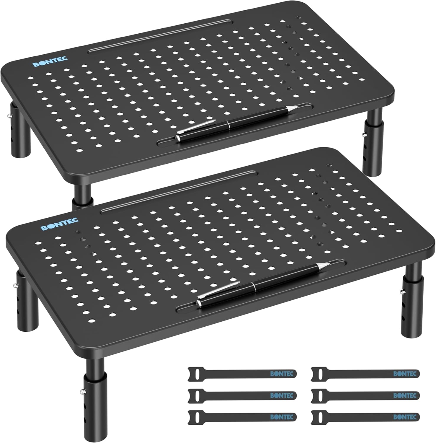 BONTEC Monitor Stand 2 Pack Height Adjustable Metal Riser with Pen Holder, Black, 14.5” x 9.1”, Ergonomic Desktop Stand for Computer, Printer, Laptop, Adjustable Desk Riser with Cable Management