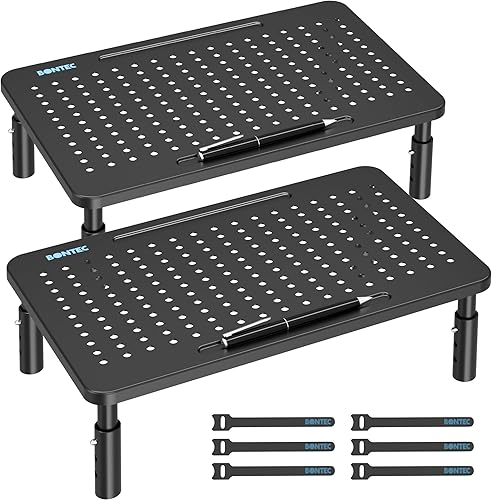 BONTEC Paquete de 2 soportes elevadores de monitor de 3 alturas ajustables con soporte para bolígrafo, soporte ergonómico de metal para computadora