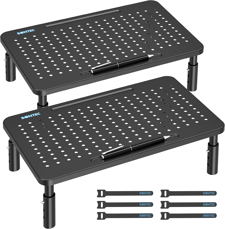 Monitor Stand for Desk 2 Pack, Ergonomic Metal Monitor Riser | 3-Level Height Adjustable, 14.5 x 9.1 in Computer Stand with Pen Holder & Cable Management for Laptop and Office Workstation