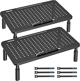 BONTEC Monitor Stand 2 Pack Height Adjustable Metal Riser with Pen Holder, Black, 14.5” x 9.1”, Ergonomic Desktop Stand for Computer, Printer, Laptop, Adjustable Desk Riser with Cable Management Recycled Claim Standard Blended