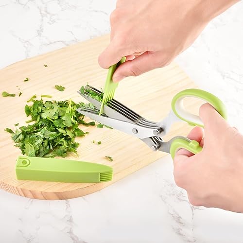 Miniatura 4 de Tijeras de hierbas  Tijeras multiusos de acero inoxidable de 5 cuchillas para hierbas de cocina, cortador de hierbas con cubierta de seguridad y