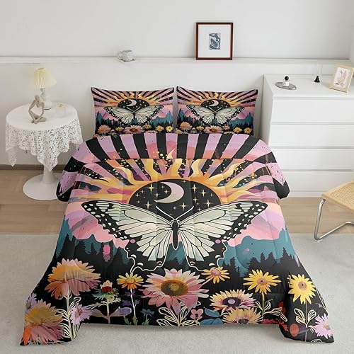 Erosebridal Juego de ropa de cama con diseño bohemio de mariposas, tamaño individual, hippie, Yin y Yang, juego de edredón de rayas geométricas de