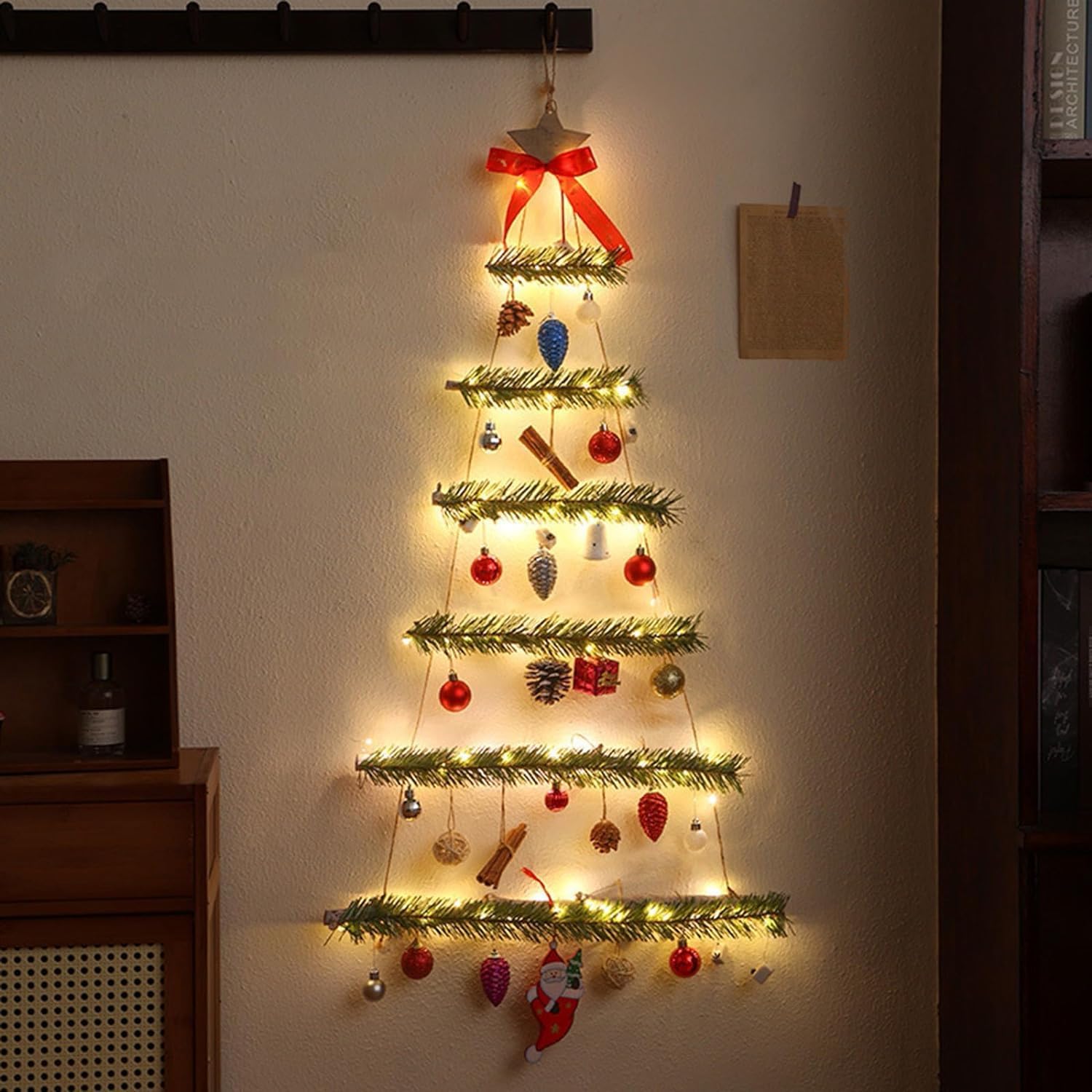 ACAREY Weihnachtsdeko LED Weihnachtsbeleuchtung Aus Holz, 113CM Wand Weihnachtsbaum Beleuchtung Fensterbeleuchtung, LED Lichterkette Sterne Licht Für Innen Außen Weihnachtsdeko Fenster (Grün)