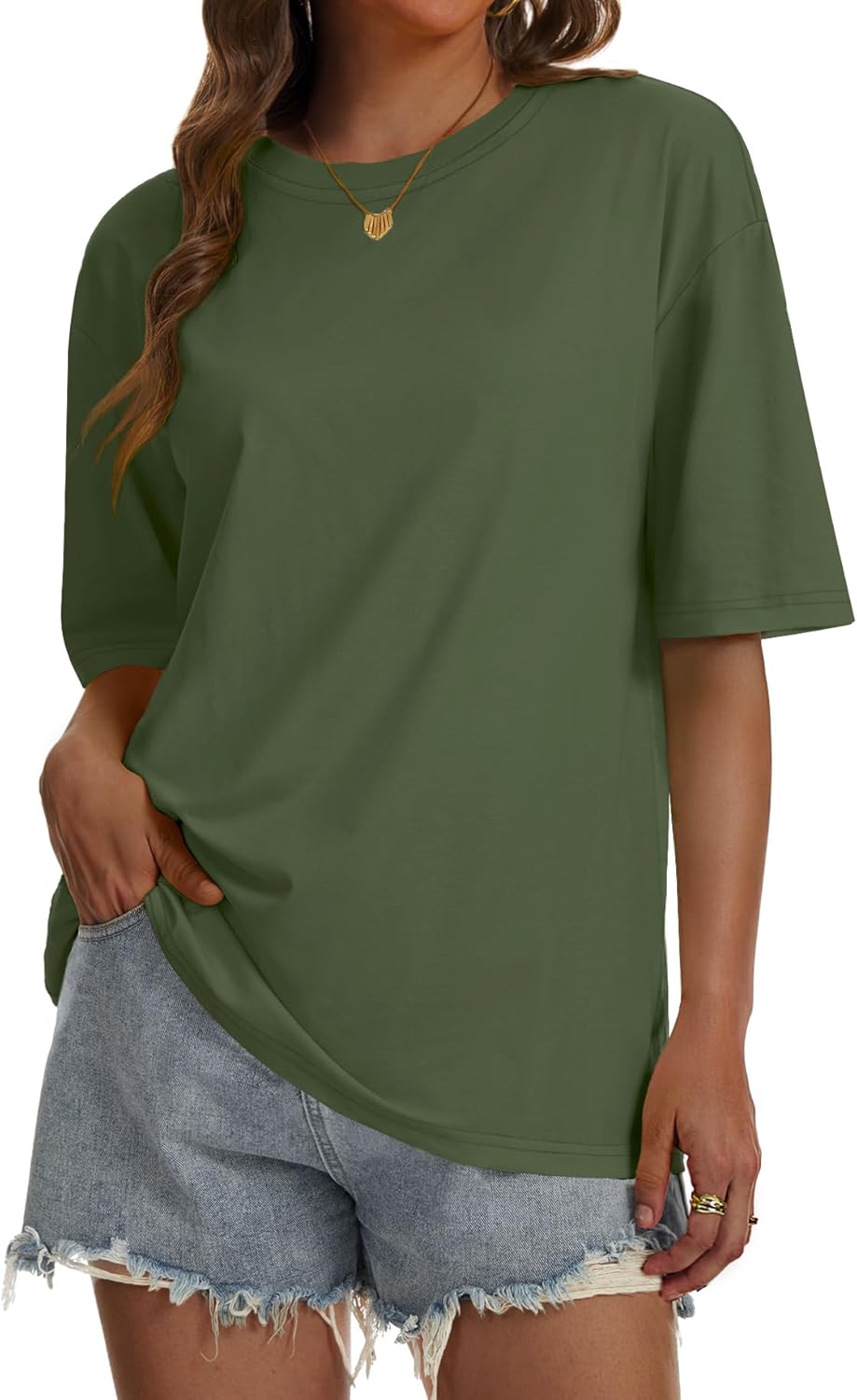 SMENG Women's Oversized Tshirts Cotton Blend Loose Fit Short Sleeve Shirts Basic Comfy Summer Tees Trendy Outfits 2026