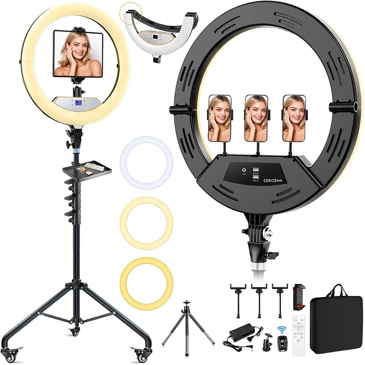 Anillo de luz de 18" con soporte: Ruedas bloqueables, pantalla LED y plegable, | Soporte para trípode de 75", 3 modos de color 6500K / 2 puertos USB Anillo de luz grande, grabación de video Tatuaje en vivo Maquillaje Fotografía de peluquero