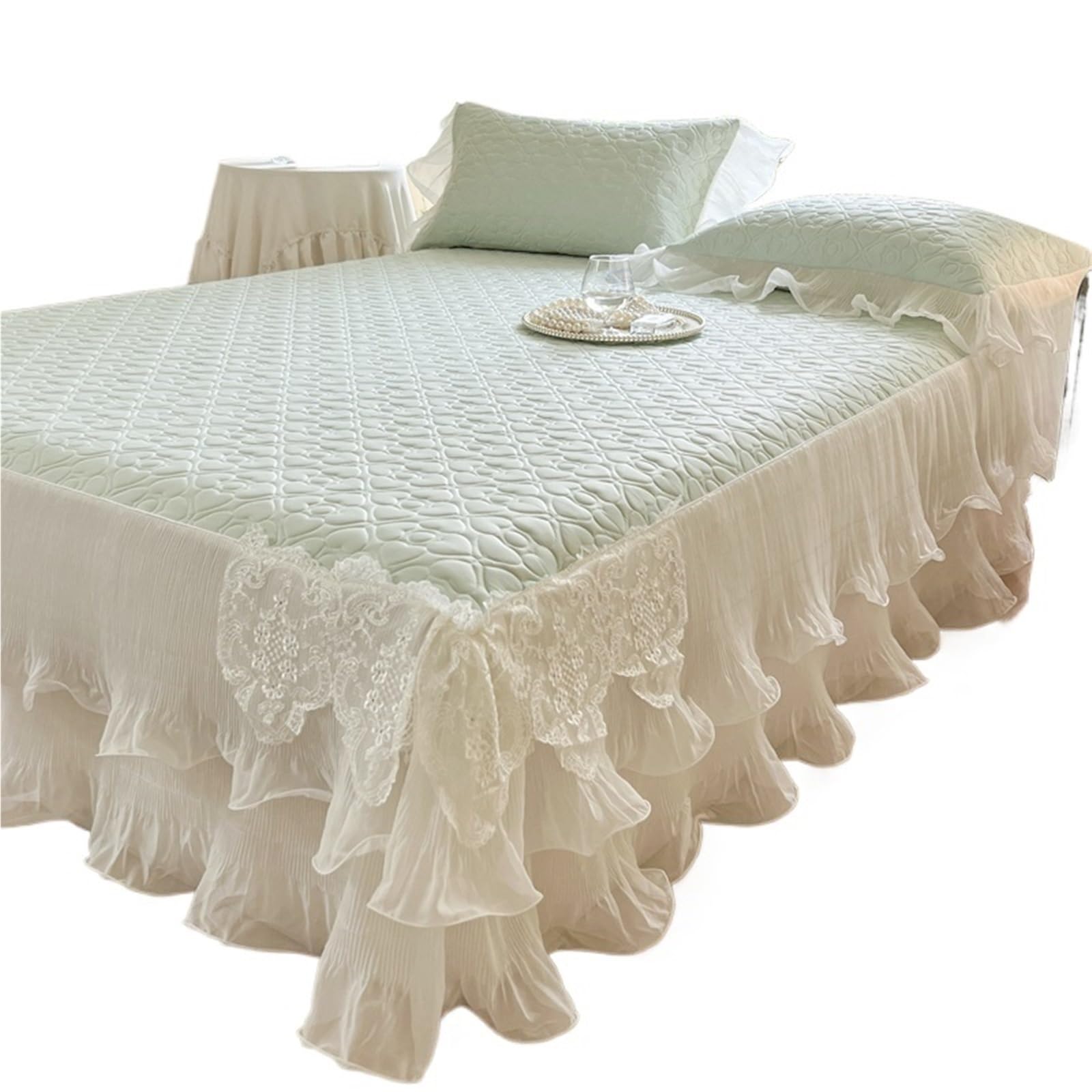 Lace Ruffles Quilted Cooling Bed Skirt, Cool Feeling Fibre Mattress Cover, Bedspread, Sheet, With Pillowcases, 3Pcs For use in the Bedroom(Light Green,180X200cm 3pcs)
