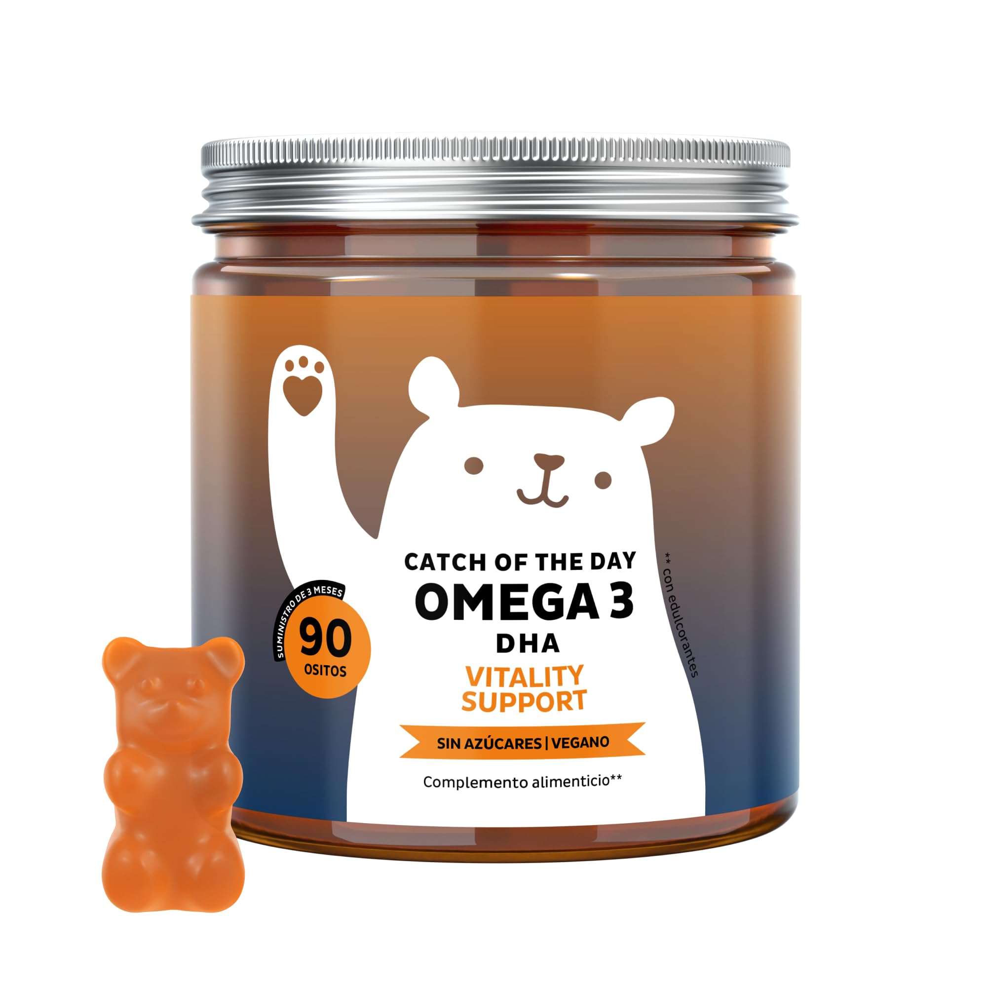 Omega 3 DHA - Catch Of The Day Vitality Support - Sin Pescado - con Vitamina C y E, Aceite Microalga - Sistema Inmunitario - 90 unidades (3 meses) - Sin Azúcares, Vegano - Bears with Benefits