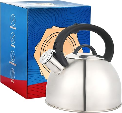 Miniatura 5 de Tetera de acero inoxidable para estufa, tetera silbante de 2.8 cuartos de galón para estufa con mango anticalor y botón de apertura y cierre de un