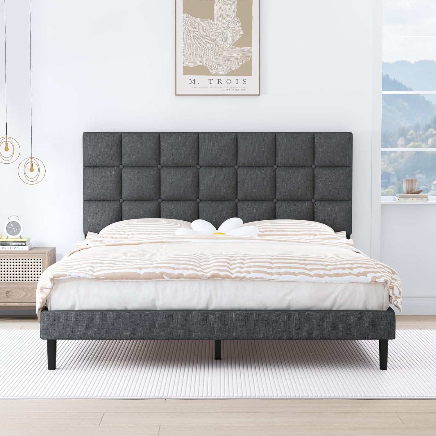 Twolike Queen Bed Frames with Upholstered Platform and Strong Wooden Slats Bed Frames, Easily Assemble and Not Box Spring Needed, Queen Grey - Image 7