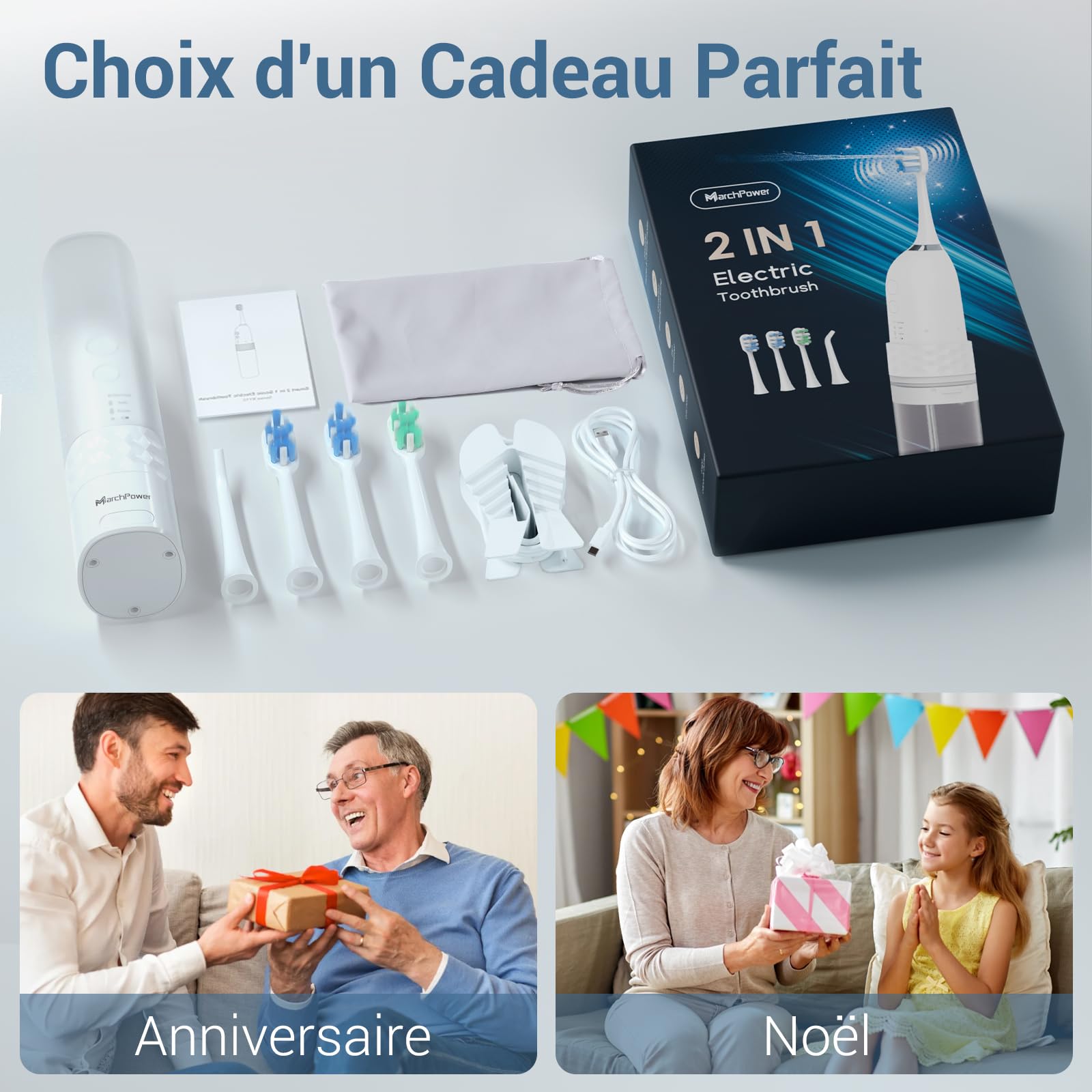 Marchpower Brosse à Dent Electrique Sonique avec Jet Dentaire Portable 2 en 1 - Kit Voyage Hydropulseurs et Irrigateurs pour Adultes - 3+4 Modes de Nettoyage - 4 Têtes de Rechange - IPX7 Etanche