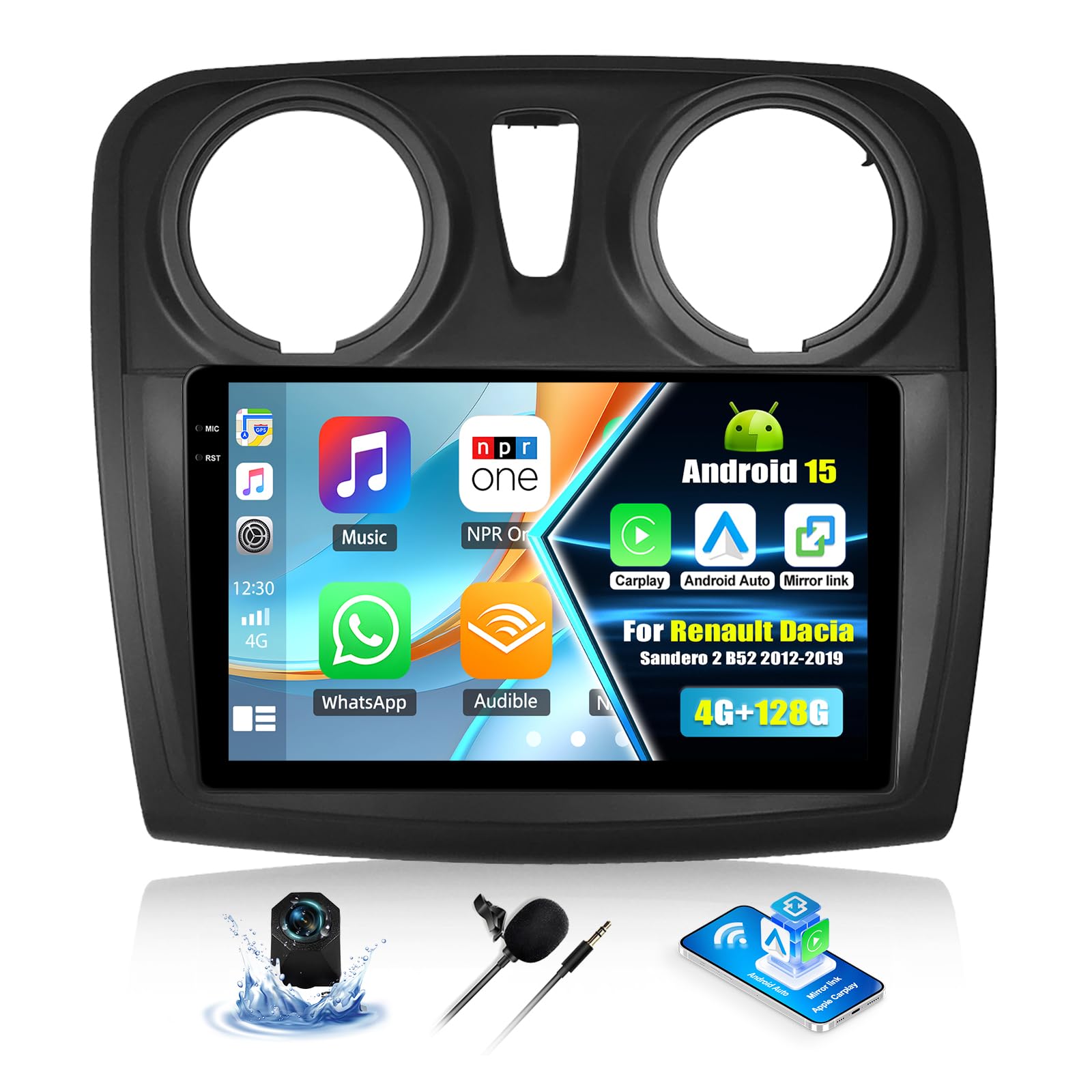 SIXTOP 4+128GB Android 15 Radio para Renault Dacia Sandero 2 B52 2012-2019 Pantalla Radio Coche 9 Pulgadas con CarPlay Android Auto GPS WiFi Bluetooth FM/RDS EQ SWC Cámara de Marcha Atrás