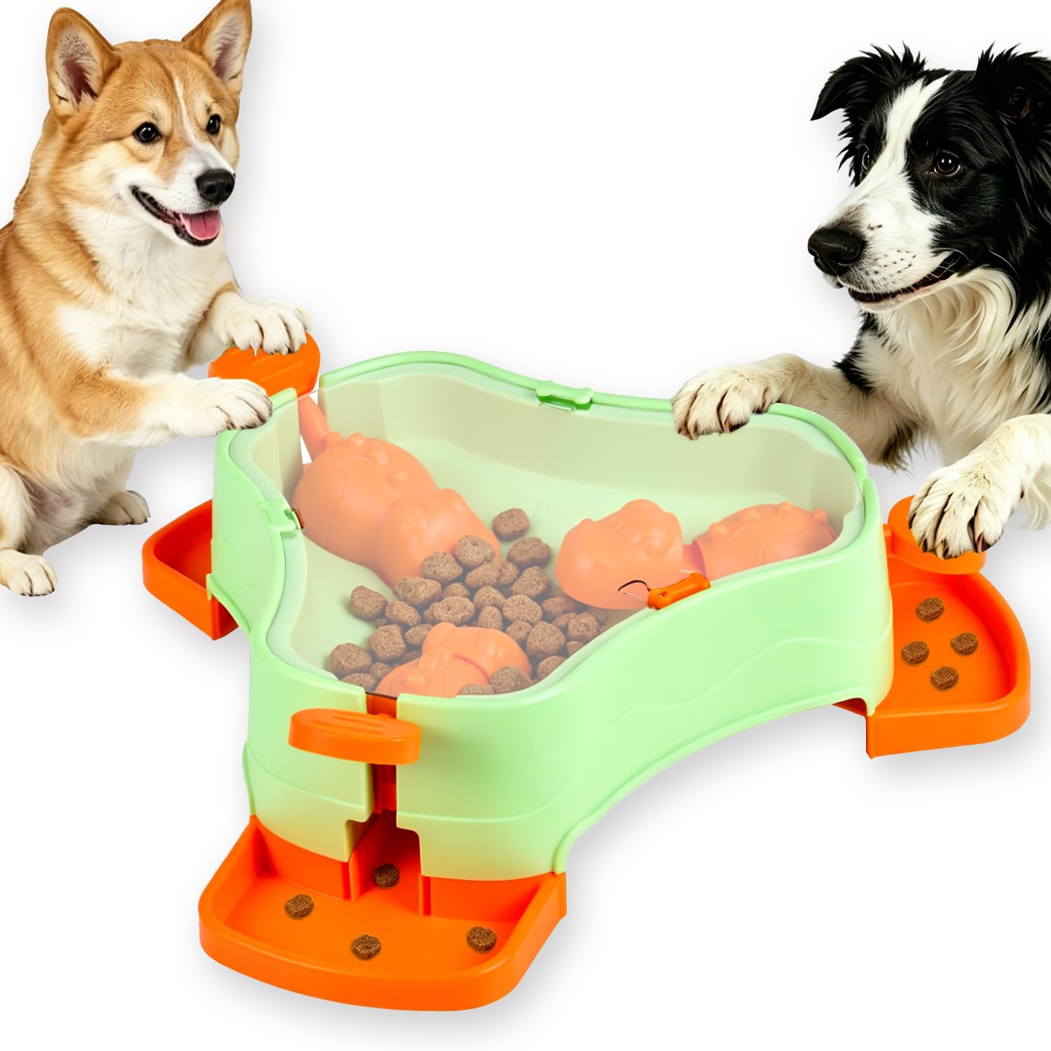 VENGABY Dog Cat Treat Dispenser Slow Feeder Toy, 3-in-1 Interactive Dog Puzzle Press Toys, Dog Enrichment Toy No-Slip Interactive Brain Training Toys for Smart Dog Cats (Green/Orange)