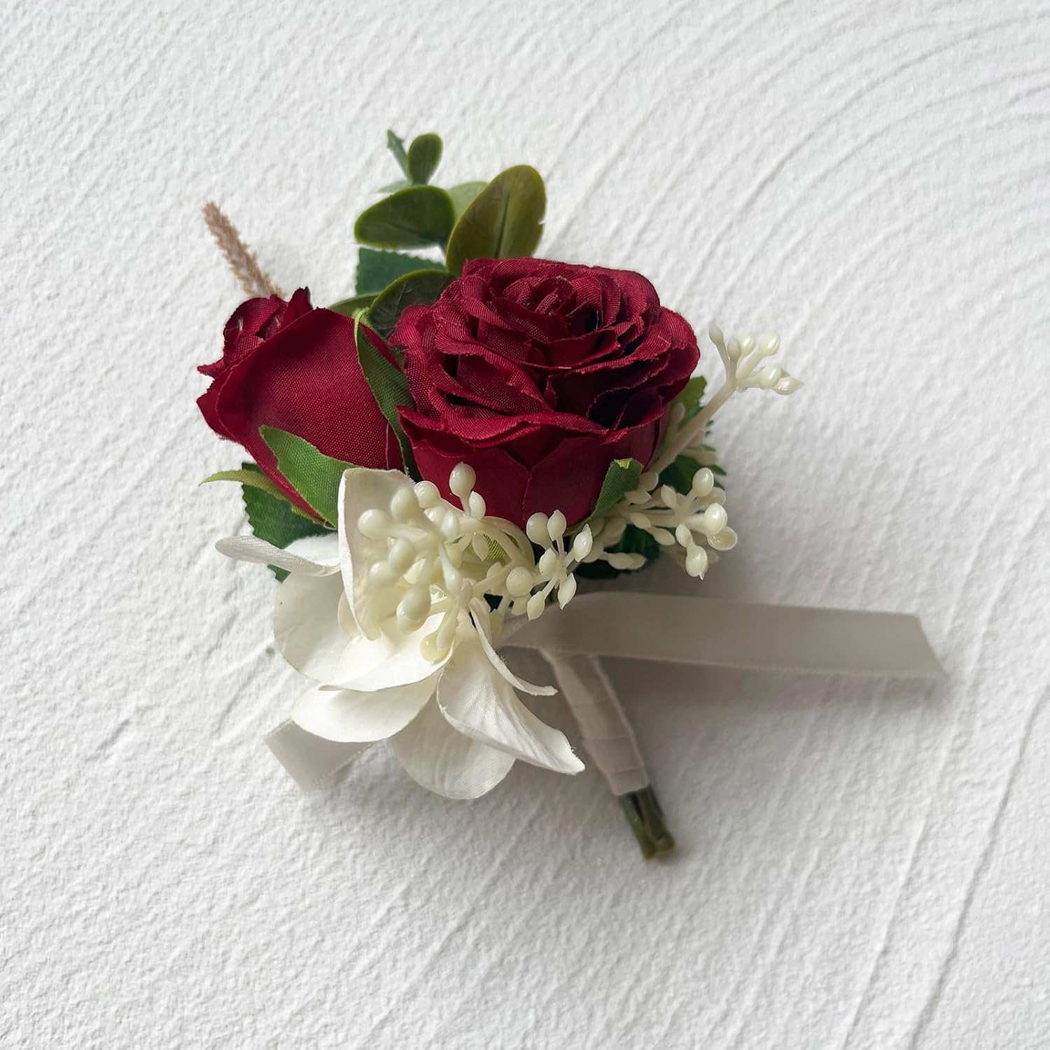 MAFELOE Artificial Wrist Corsage Boutonniere Set for Groom Bride Groomsmen Bridesmaids, Corsage Wristband Men Boutonniere Wedding Party Prom Suit Decorations - Burgundy 2Pcs - Image 3