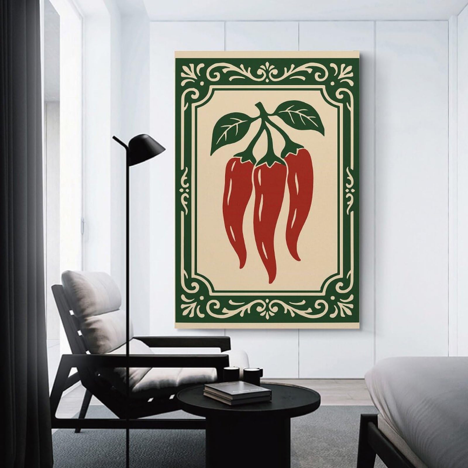 Junmoney Three Red Chili Peppers with Green Leaves Wall Picture Print 12x18inch(30x45cm), for Lounge Decor, Offices Or Entryway Styling, Versatile Wall Decor for Many Rooms
