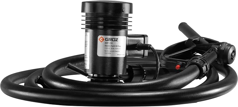 Groz 110V AC Electric Drum Pump, 10.5 GPM Centrifugal Transfer Kit, Non-Flammable Fluids Only, Telescopic Tube and Hose, Double-Insulated Motor, Fits 15-55 Gallon Drums (45522)
