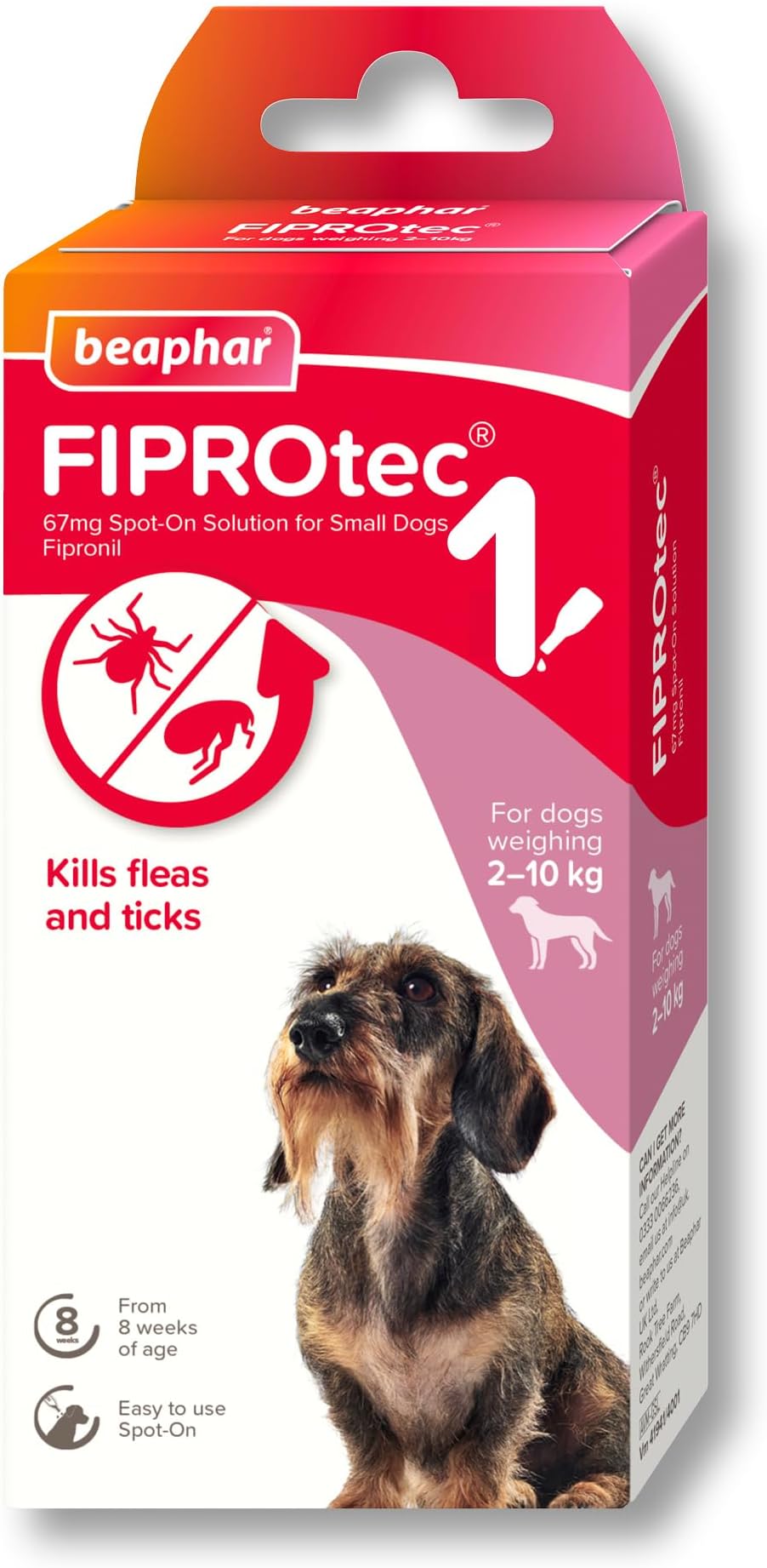 Beaphar - FIPROtec Spot-On Flea & Tick Treatment for Small Dogs 2-10kg - 1 Pipette - Kills Fleas & Ticks – Veterinary Medicine - Easy to Apply Monthly - Suitable for Dogs & Puppies from 8 Weeks