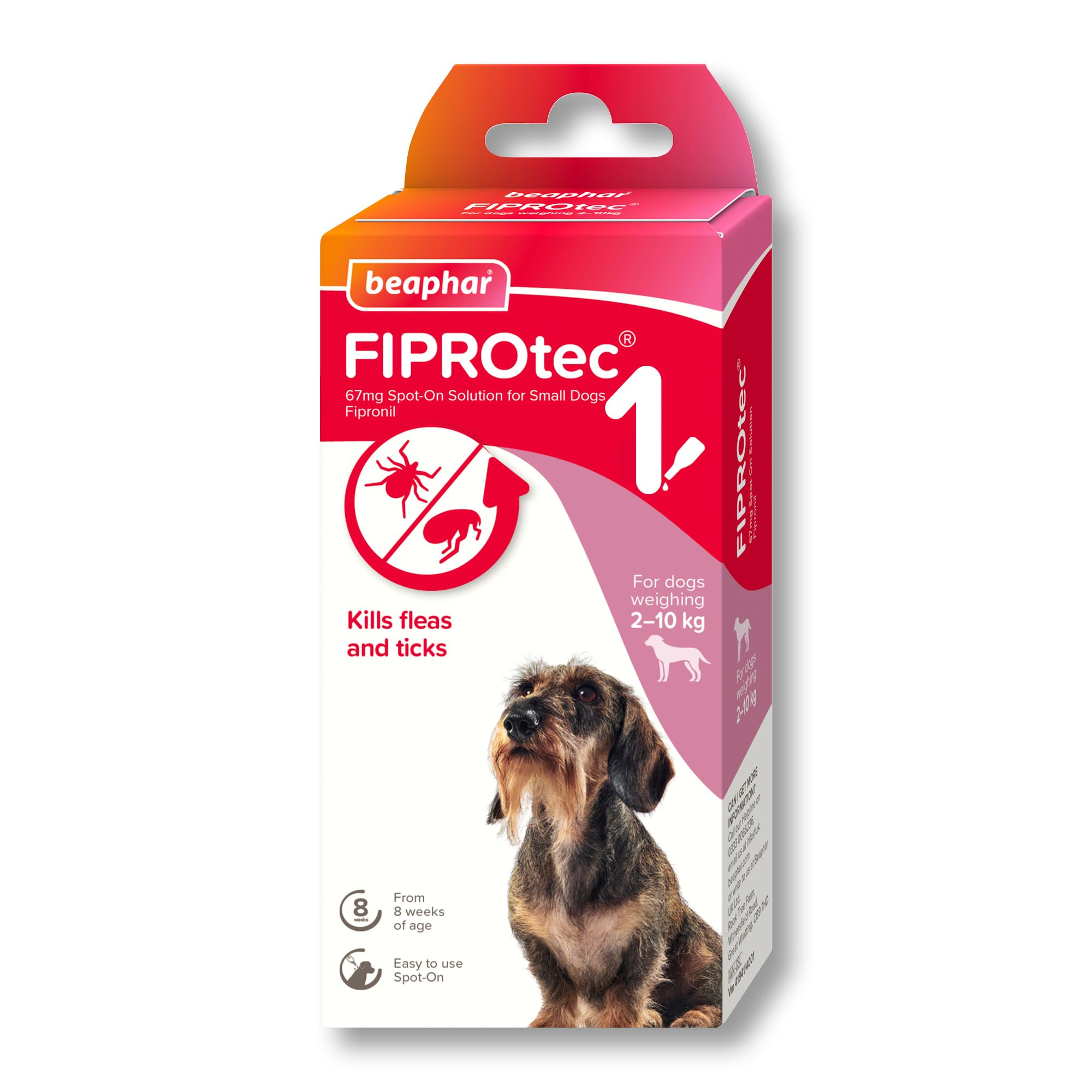 Beaphar - FIPROtec Spot-On Flea & Tick Treatment for Small Dogs 2-10kg - 1 Pipette - Kills Fleas & Ticks – Veterinary Medicine - Easy to Apply Monthly - Suitable for Dogs & Puppies from 8 Weeks