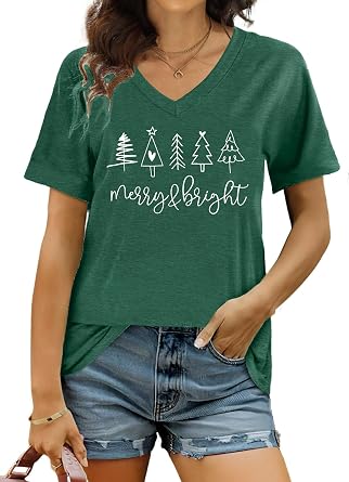 ELDPS Women Christmas V Neck Shirt Christmas Tree Tshirt Xmas Buffalo Plaid Shirt Casual Holiday Tee Tops