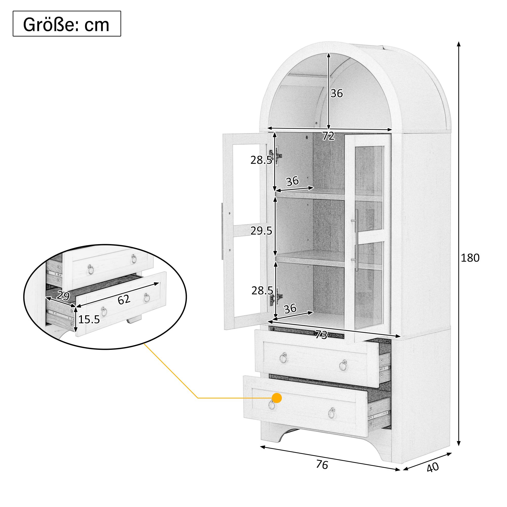 Armadietto da cucina con ante in vetro e cassetti, design ad arco, per soggiorno e sala da pranzo, 76,2 x 40,1 x 180 cm, bianco