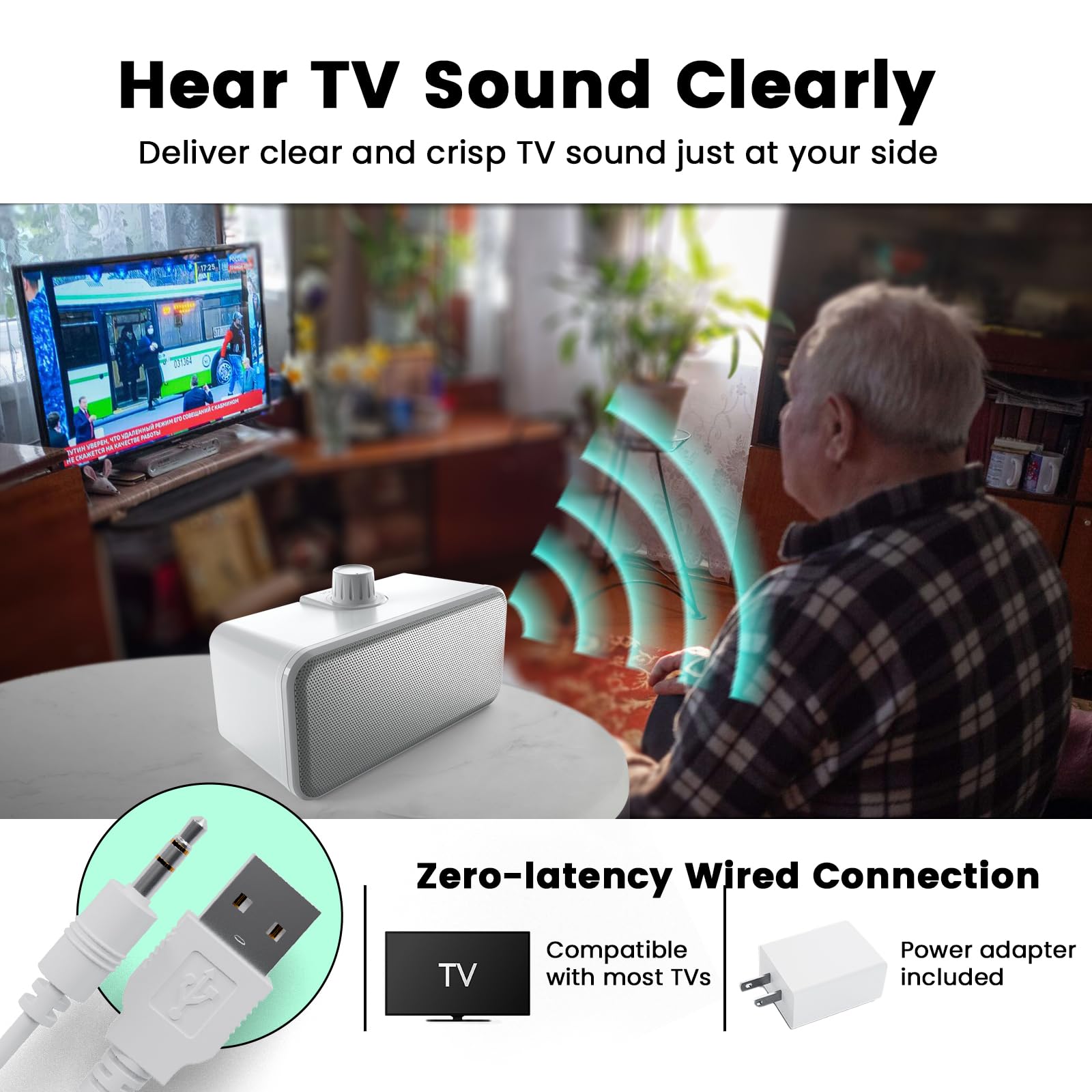 ANSTEN Altavoces con cable para TV sin demora, altavoces de TV de voz transparentes con cable de 5 m de largo, altavoz personal con conector para auriculares, fácil operación, altavoces de TV para
