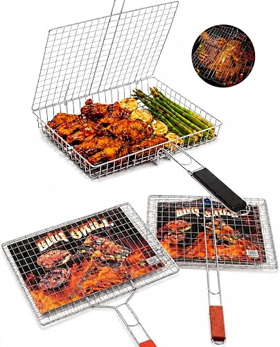 BBQ Grill Basket with Handle, Stainless Steel Wire Mesh | Foldable Lid Design, Wood Handle, For Meat & Vegetables, Outdoor Braai Use, Chrome Finish