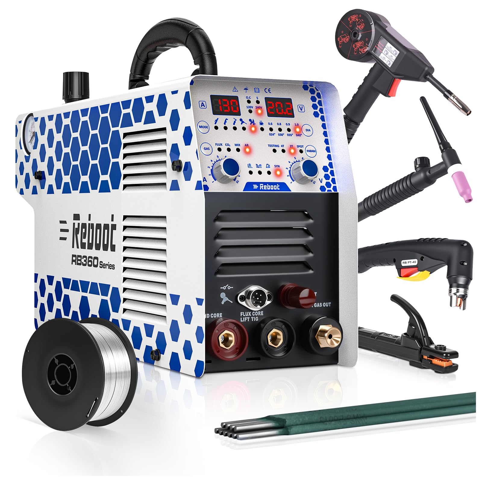 Reboot Plasma Welder and Cutter, 7 in 1 Multi-Process, 120/240V | 30A Non-HF Plasma 16mm max + MMA 130A. MIG Gas, Flux Core, TIG, Dots, Aluminum Includes coil gun and TIG torch