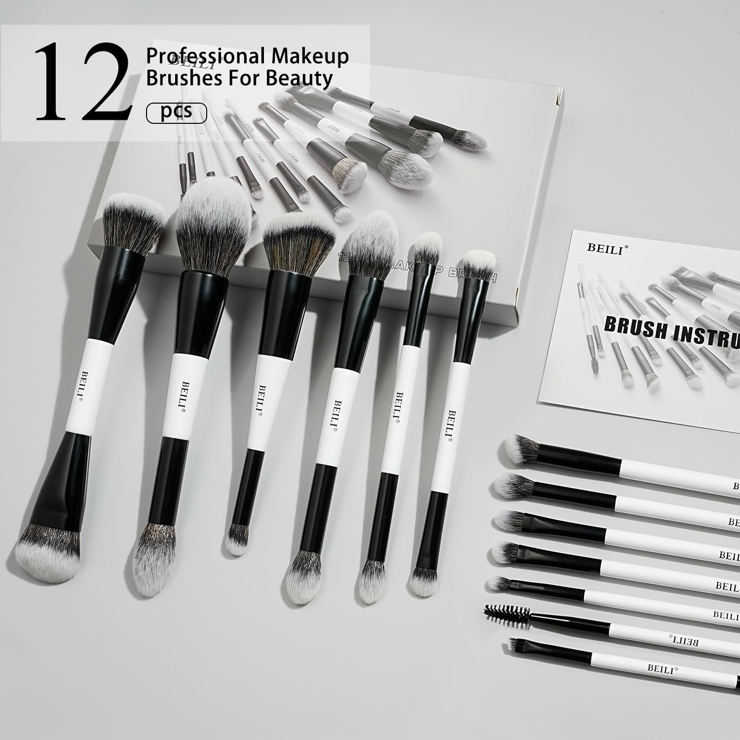 BEILI Lot de Pinceaux de Maquillage 12 Pièces, Ensemble de Pinceaux de Maquillage Professionnels, 18-en-12 avec Deux Extrémités pour Poudre, Fond de Teint, Correcteur, Sourcils, Fard à Paupières