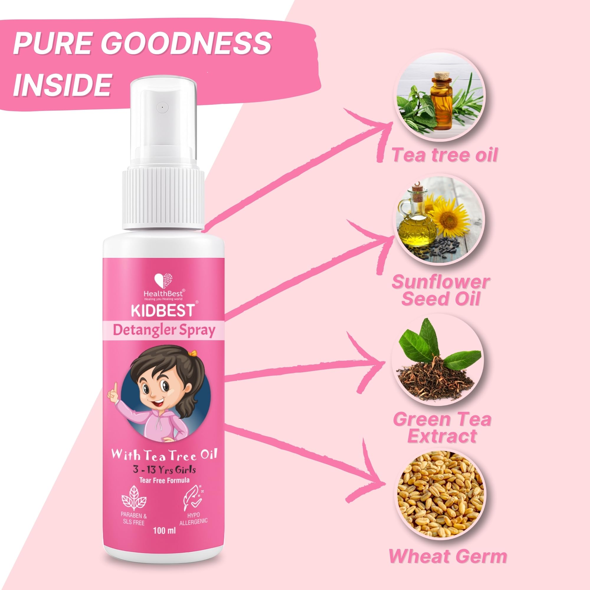 HealthBest Detangler Spray for Kids with Tea Tree Oil 100ml (Pack of 4) | Soft & Shiny Hair | Easy Comb Through, Tangle-Free Hair, Suitable for Curly, Wavy and Straight Hair, Tear, Paraben, SLS Free 2