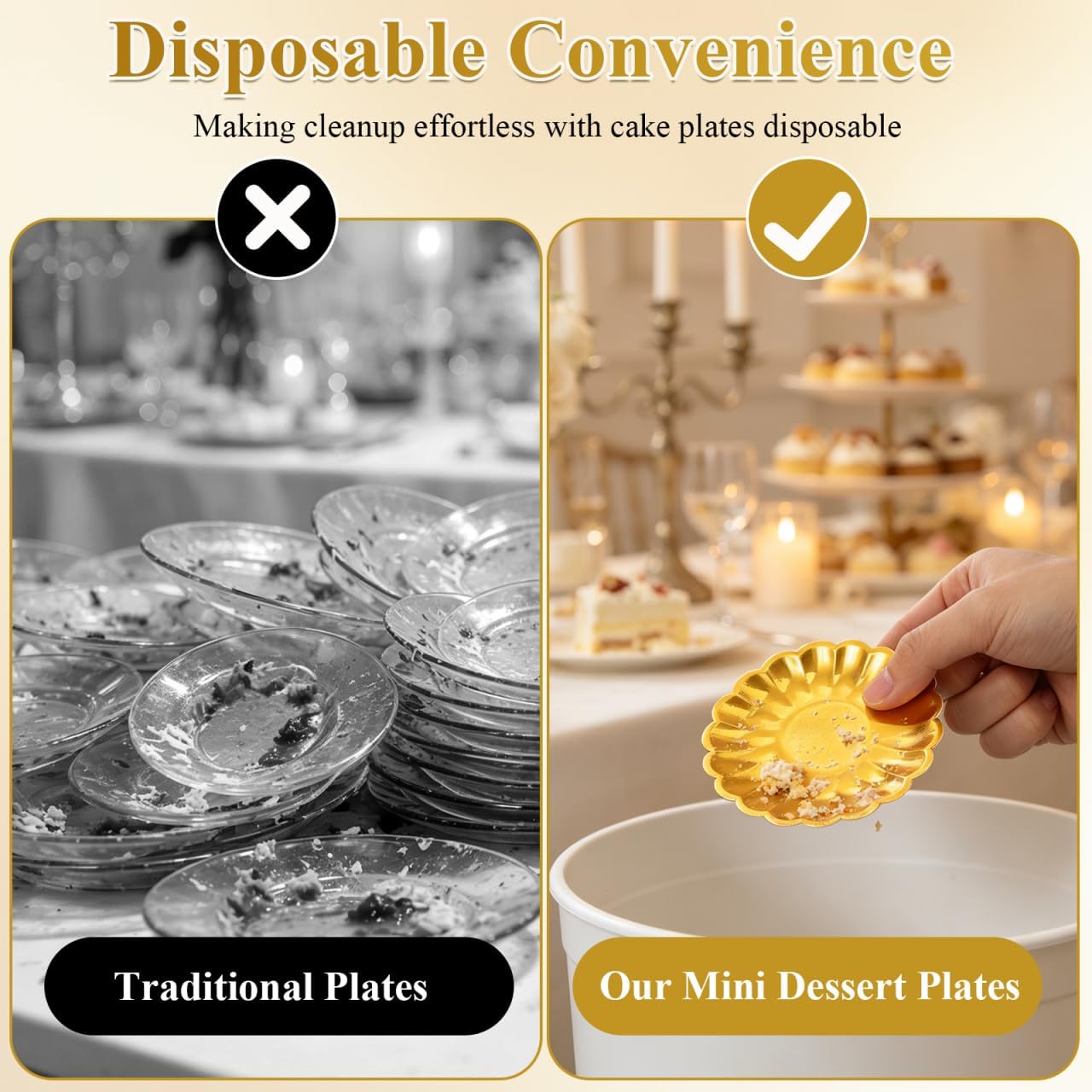 DOITOOL 120 Pcs Mini Dessert Plates 3.5 Inch Gold Paper Plates, Disposable Small Cupcake Trays with Scalloped Rim for Appetizer, Pastry Display, Wedding & Party Supplies