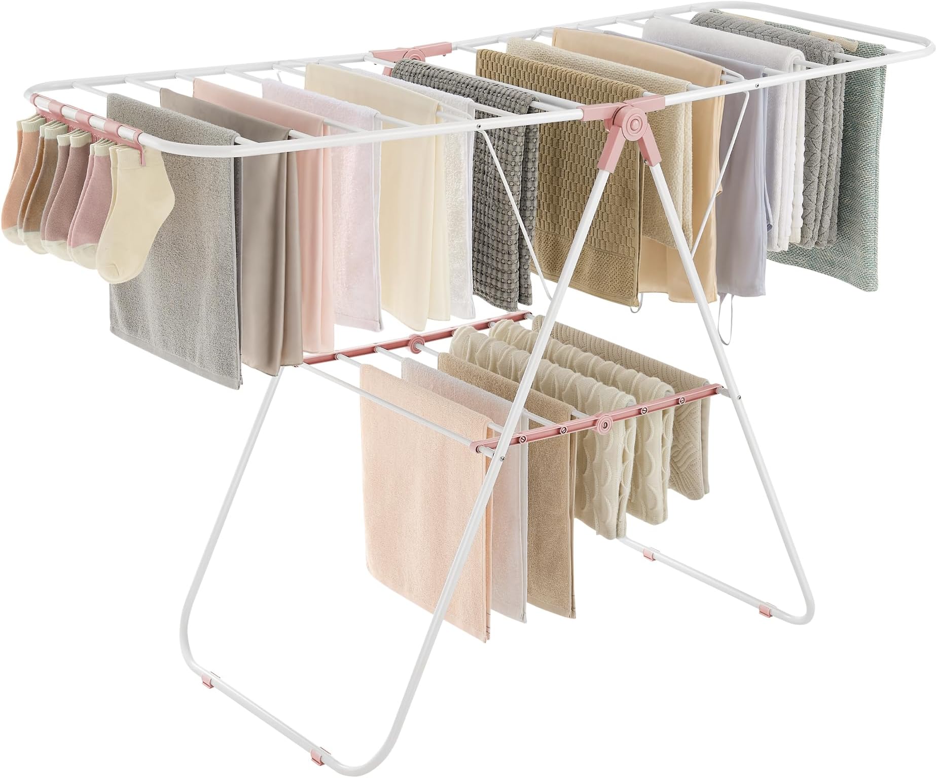 SONGMICS Clothes Drying Rack, with Sock Clips, Metal Laundry Rack, Foldable, Space-Saving, Free-Standing Airer, with 2 Height-Adjustable Gullwings, Indoor Outdoor Use, White and Pink ULLR052P01