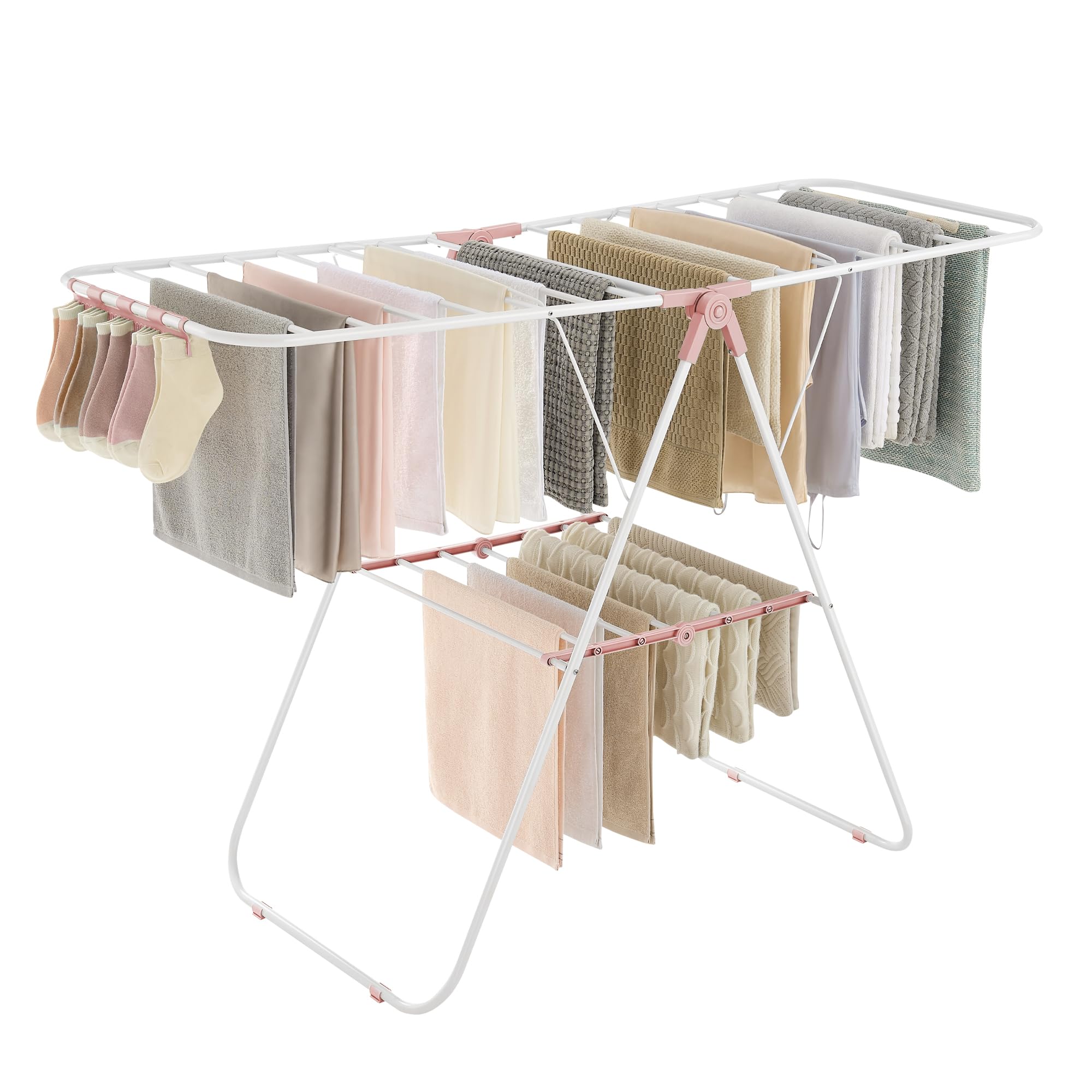 SONGMICS Clothes Drying Rack, with Sock Clips, Metal Laundry Rack, Foldable, Space-Saving, Free-Standing Airer, with 2 Height-Adjustable Gullwings, Indoor Outdoor Use, White and Pink ULLR052P01