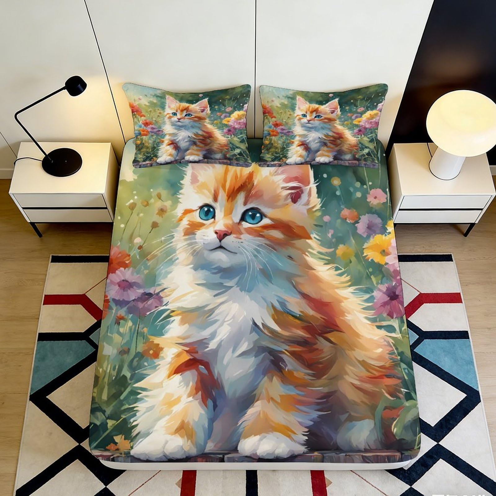3D Printed Cat Fitted Sheet Microfiber Deep Pocket Bedroom Bedding Cat Mattress Fitted Cover Non-Slip for Adults Youth 160x200x25cm