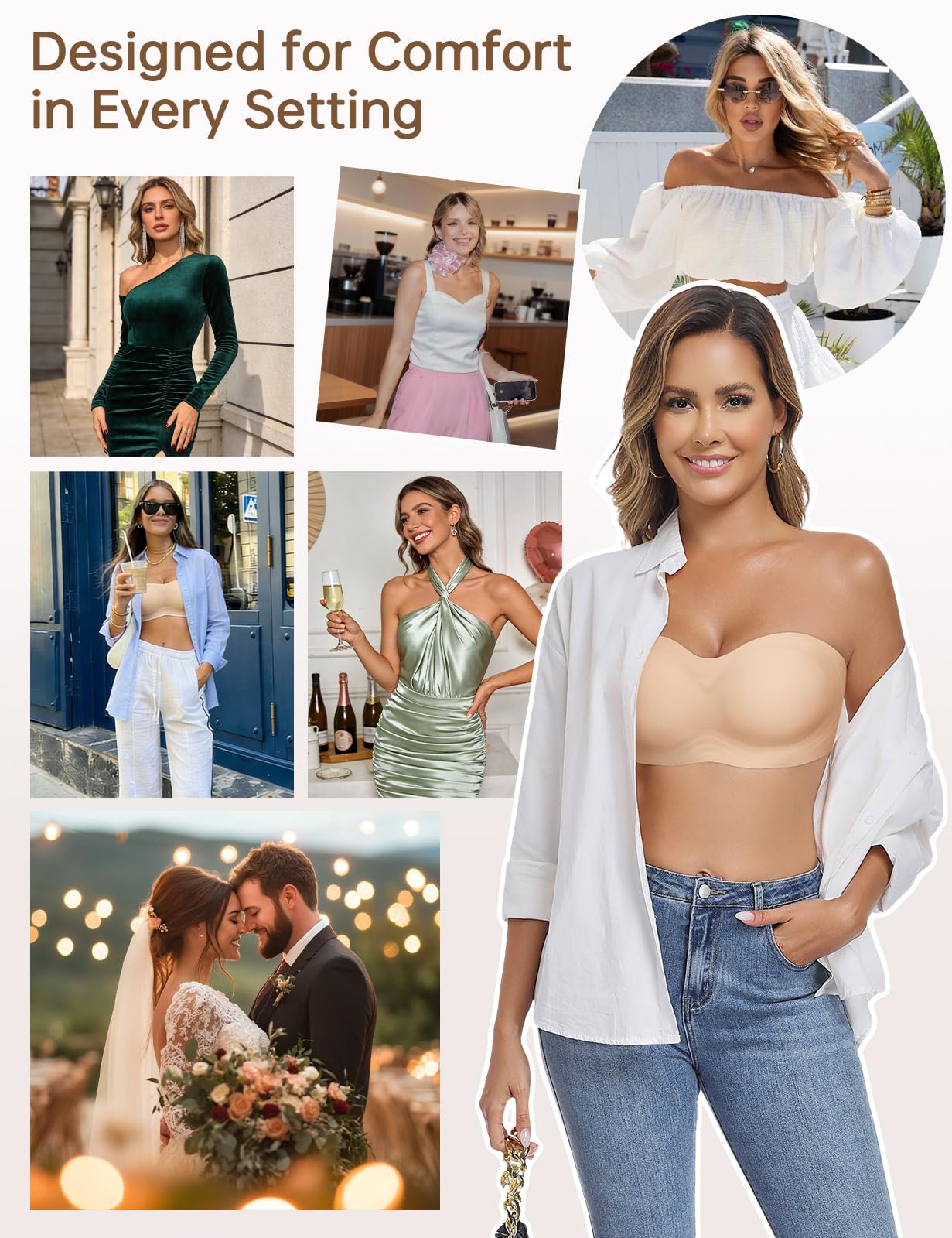 UMIPUBO Sujetador Sin Tirantes Mujer Sin Aros Push Up Invisible Sin Costuras Multiposicion Ajustables Bandeau Top con Relleno y Transparente Extraíbles Tirantes Antideslizante