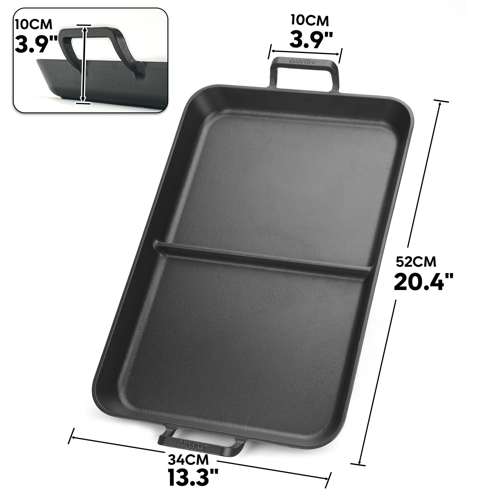 Onlyfire Plancha de Hierro Fundido para Inducción y Gas | 52x34cm Plancha con Revestimiento Antiadherente | Parrilla para Reuniones Familiares | Doble Zona, Ideal para Cocinar Carne y Verdura