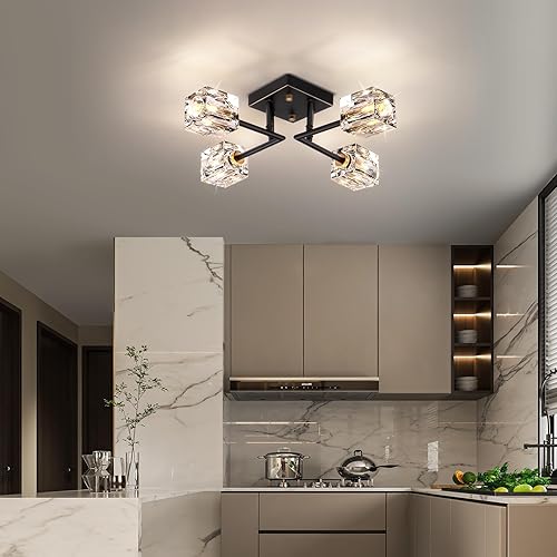 Miniatura 4 de OKES Lámpara de techo moderna de cristal, lámpara de techo semiempotrada con 4 luces, candelabros Sputnik negros y dorados para dormitorio, comedor,