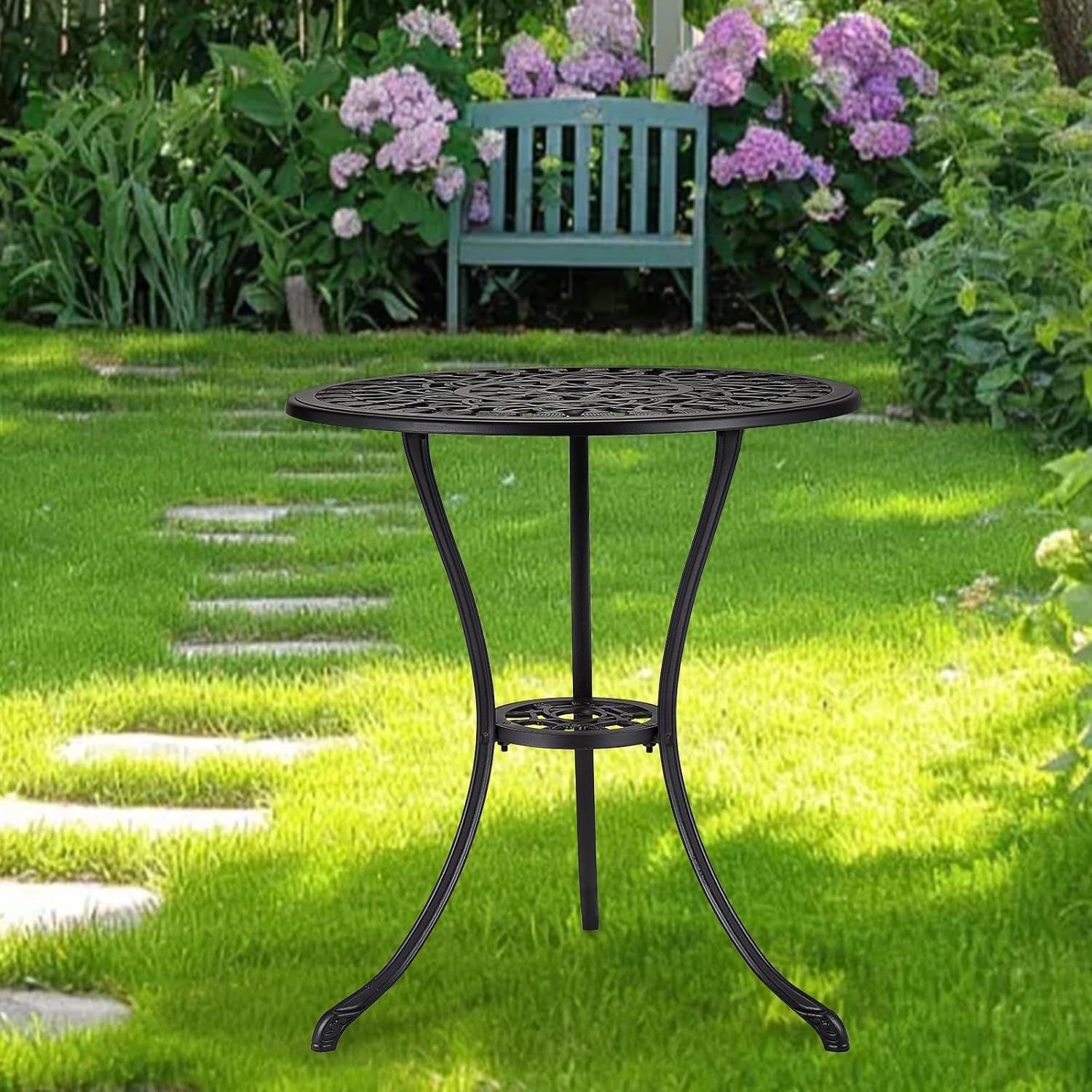 GarveeHome 23.4 in Round Cast Aluminum Patio Bistro Table with Umbrella Hole, All-Weather Antique Tulip Outdoor Side Table for Balcony, Porch, Backyard or Poolside, Black