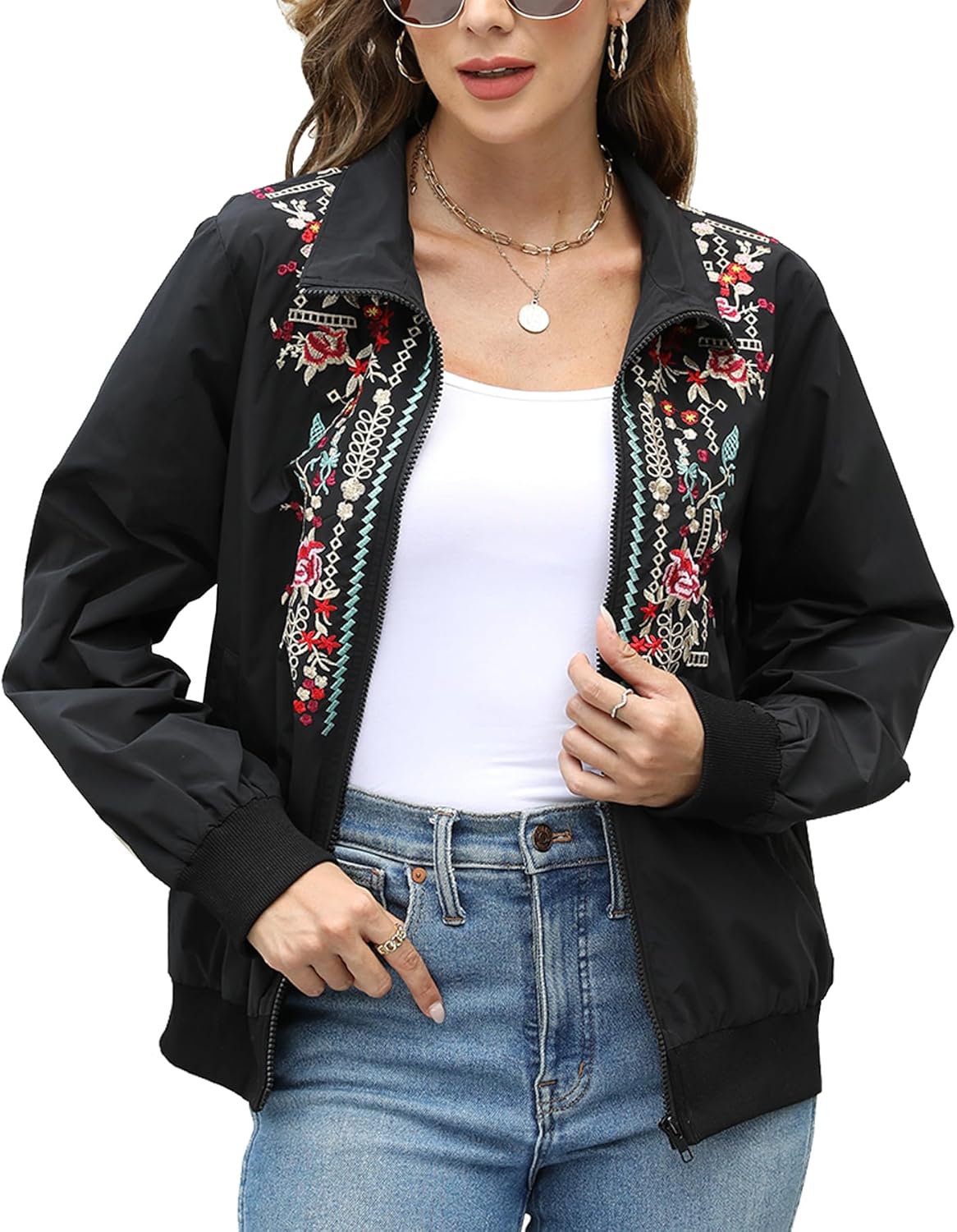 Higustar embroidery Jackets for Women Bomber Satin Floral Embroidered Mexican Style Outwear Jacket Spring Fall Zip Up Coat