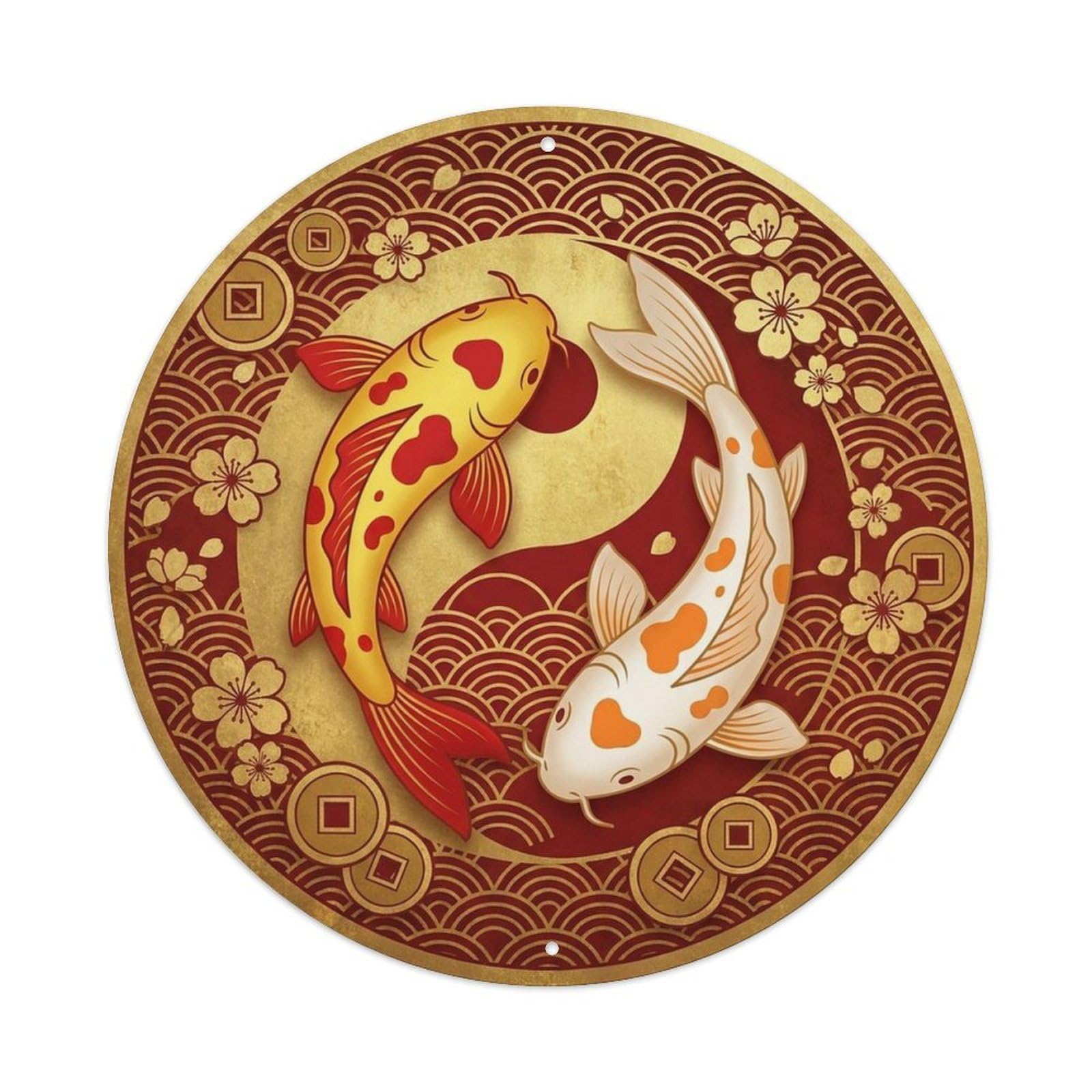 Olyhtr 8X8inch Classic Style Yin Yang Koi Prosperity Golden Fortune Feng Shui Emblem Metal Tin Sign
