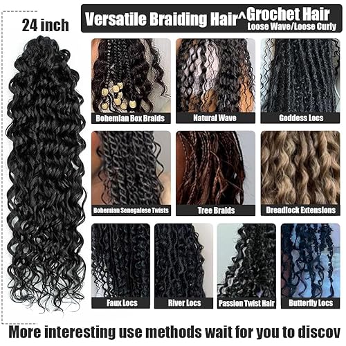 Miniatura 6 de Extensiones de cabello de ganchillo suaves de 24 pulgadas, 8 paquetes de extensiones de cabello ondulado suelto, cabello sintético suelto rizado