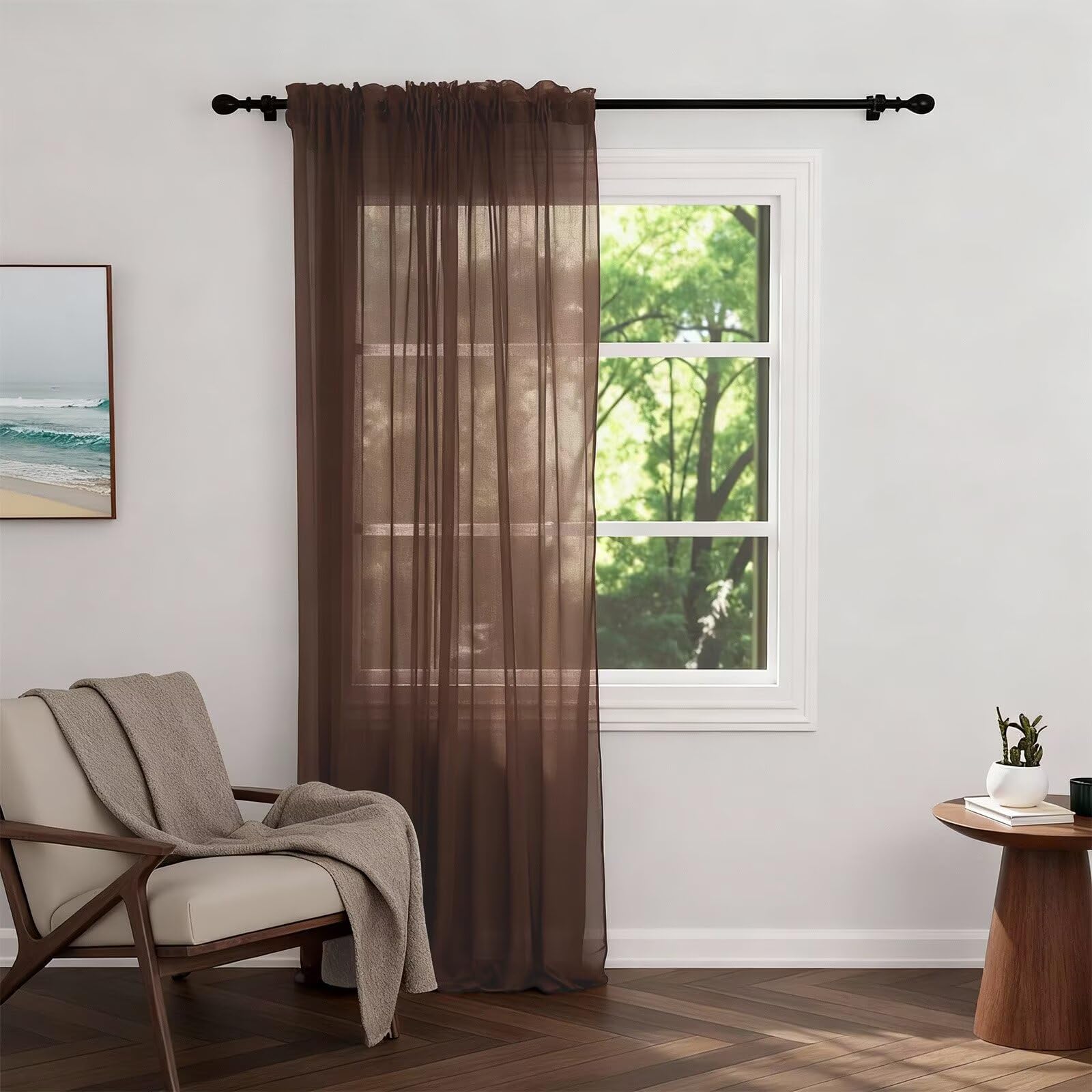 Zdada Mocha Net Curtains For Windows 108 Drop, Slot Top Voile Curtains, Semi Transparent Sheer Curtain Net Curtain Panel For Living Room Kitcken W60xl108 Inch,1 Panel