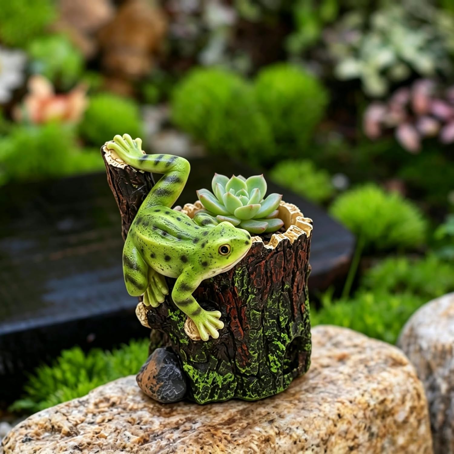 Resin Frog Figurine Planter Tree Stump Small Flower Pot Outdoor Yard Decor image 3