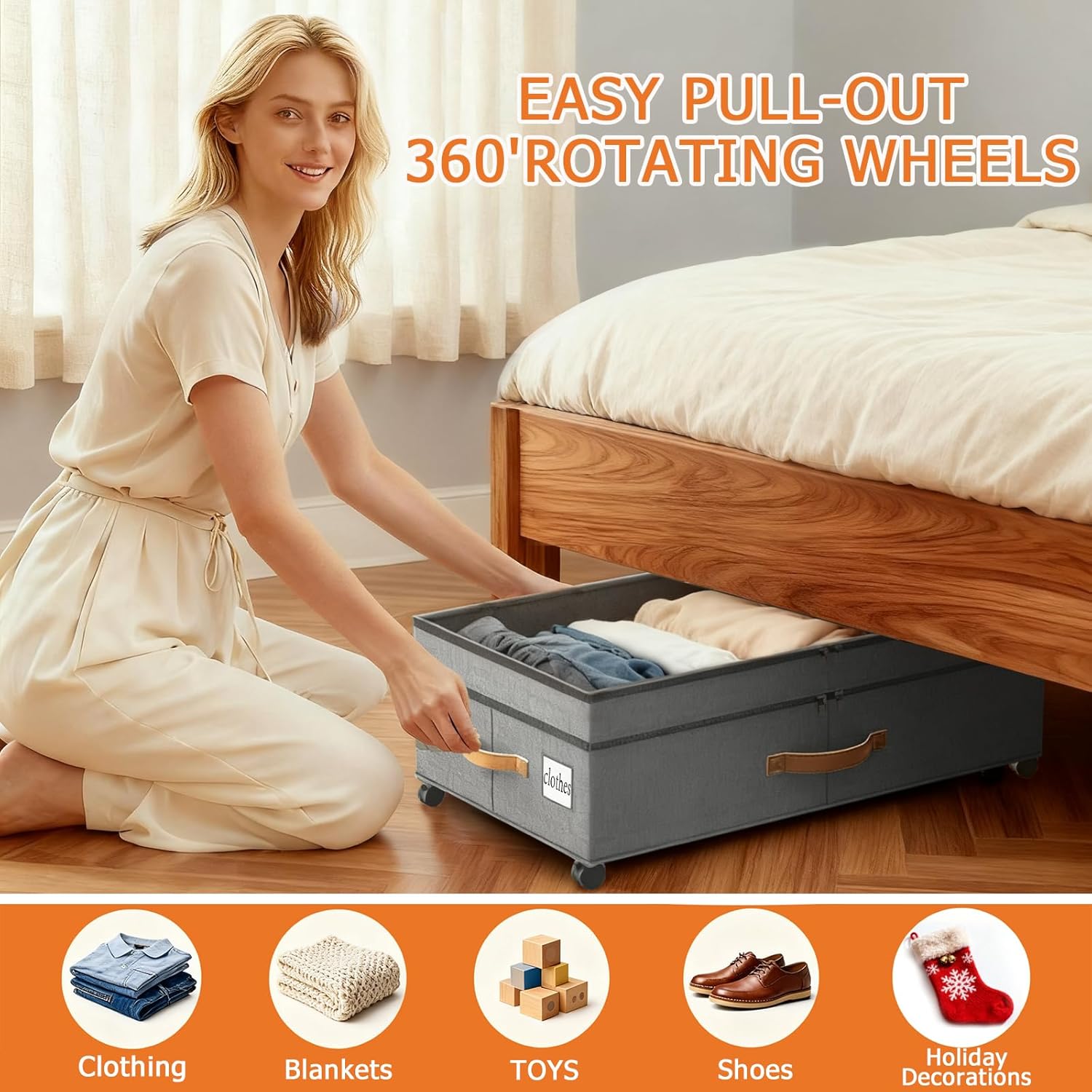 2 Pack Under Bed Storage with Wheels 65L XXL Large Under Bed Storage Containers Box with Lids 10inchs Underbed Storage with Wheels Rolling Under the Bed Storage Bins for Shoes,Clothes,Blankets,Toys