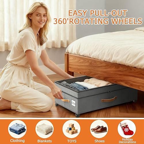 Miniatura 2 de Paquete de 2 contenedores de almacenamiento debajo de la cama con ruedas de 65 L XXL grandes debajo de la cama con tapas, almacenamiento debajo