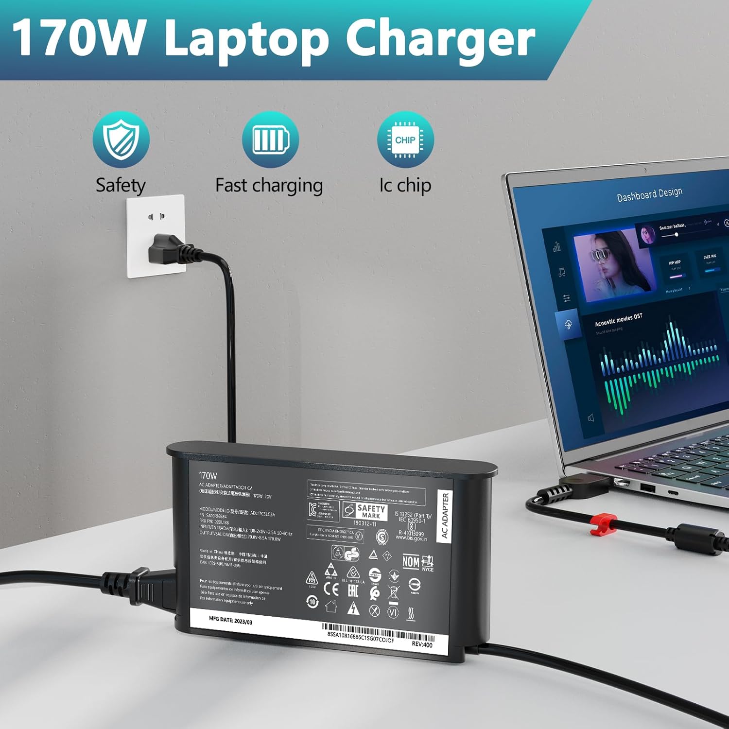 HNHTKJ 170W Charger Fit for Lenovo Legion Slim 5, Yoga Pro 9i, ThinkPad P1 P16 P16v, IdeaPad Pro 5, LOQ Gaming 15APH8 6IRH8 15IRX9, ADL170SCC3A 4X20S56697